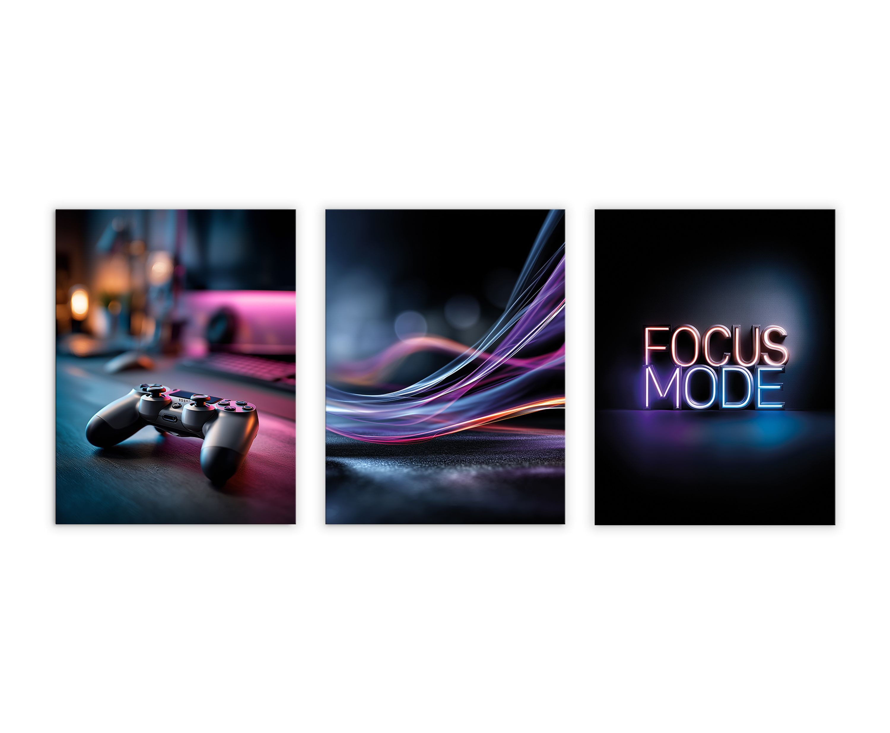 artissimo Mehrteilige Bilder Wandbilder-Set 3er-Set / Gaming Wanddeko / Jugendzimmer, Gaming: Neon Setup in blau lila schwarz – Bild 5 von 5