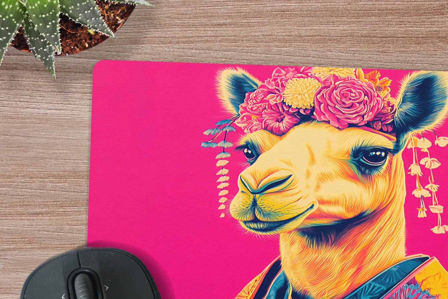 MuchoWow Mauspad Kamel - Blumen - Kimono - Fächer (1-St), Mousepad, Schreibtisch Zubehör, Deko, 20x20 cm