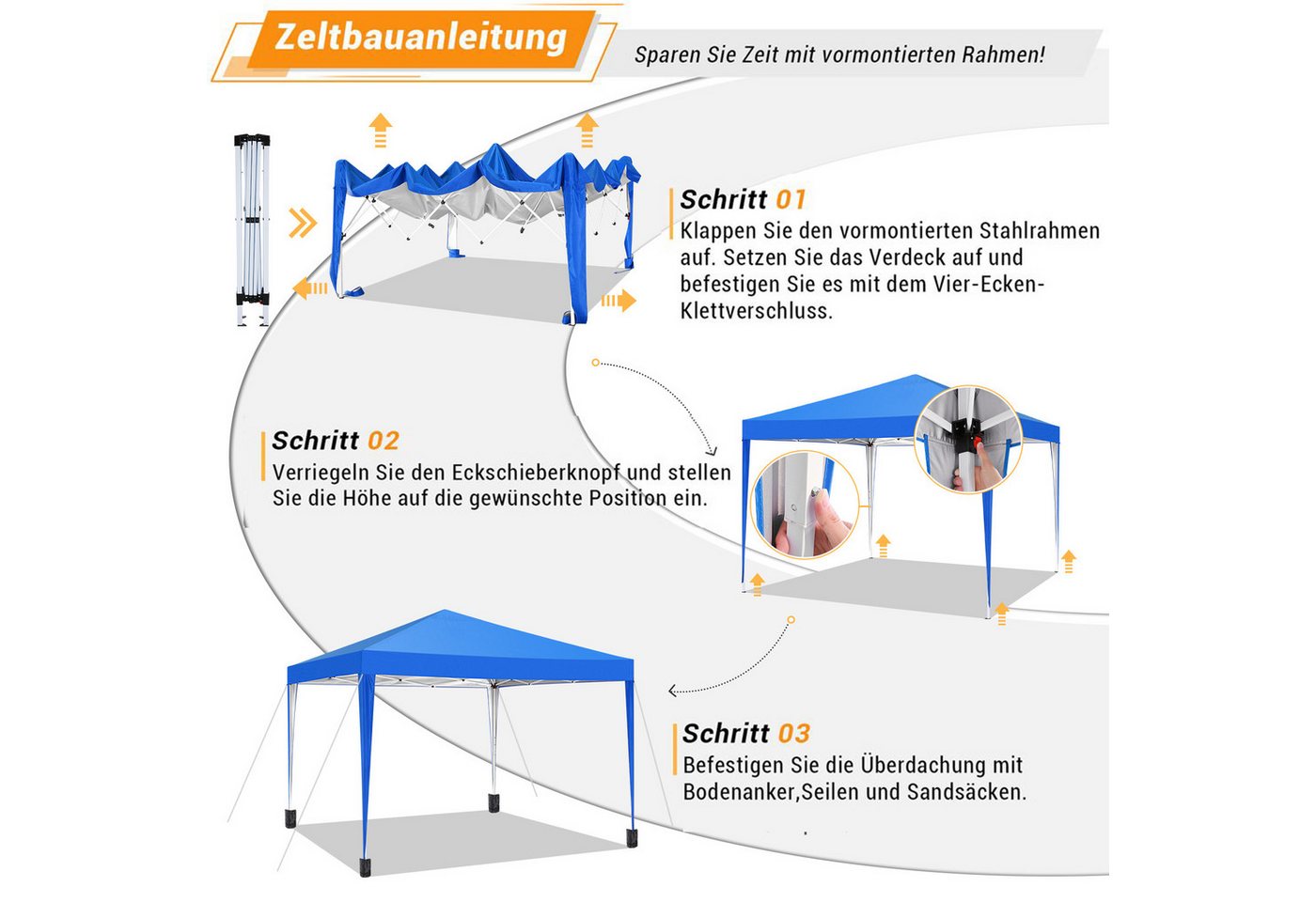 Thumbnail - LUCKZON Pavillon 3x3m Pop Up Pavillion Gartenzelt Gartenpavillon Partyzelt, mit 0 Seitenteilen, UV-Schutz 50+ Wasserdich...