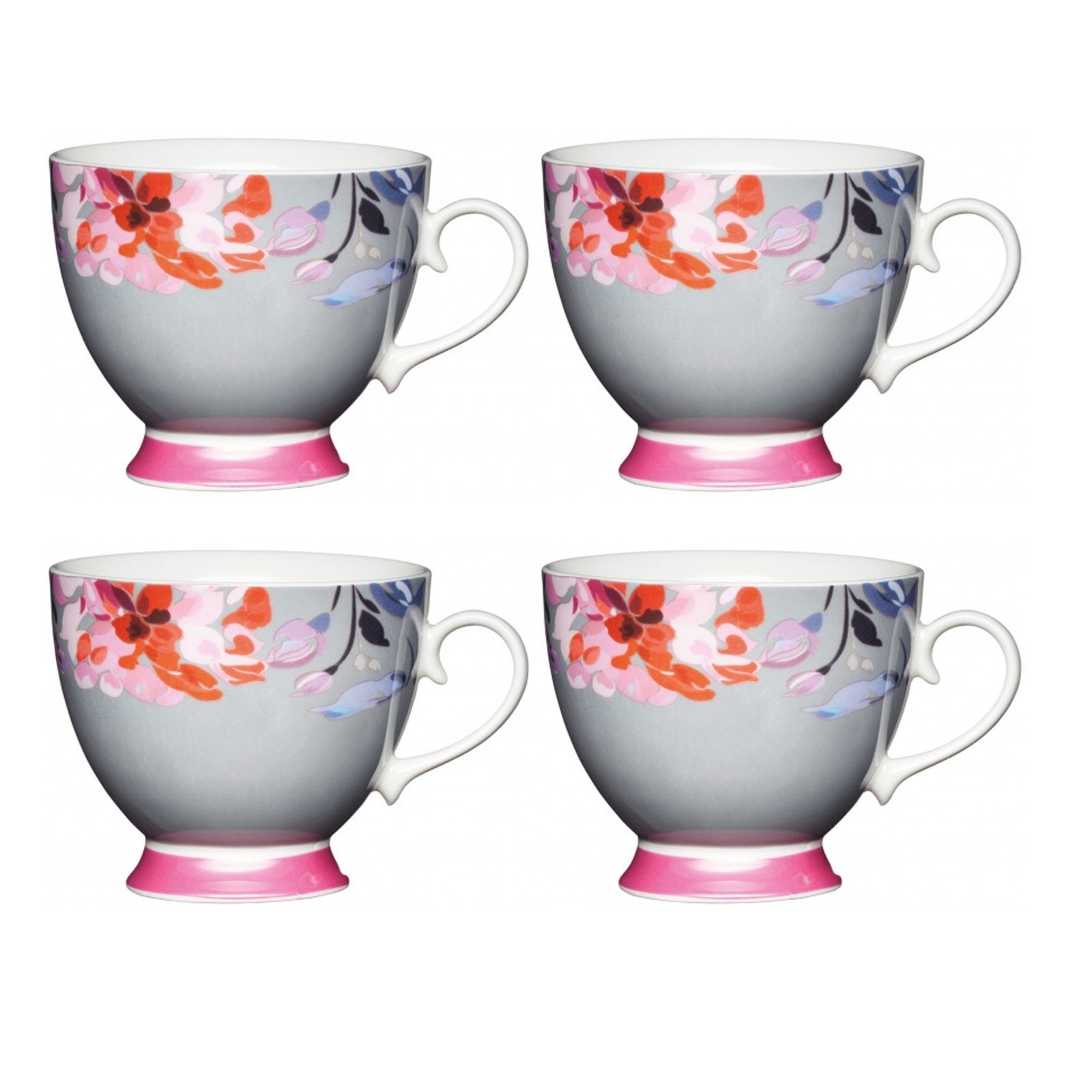 Neuetischkultur Tasse Tassen-Set, 4-teilig, geschwungene Form, Porzellan Blumendekor Grau