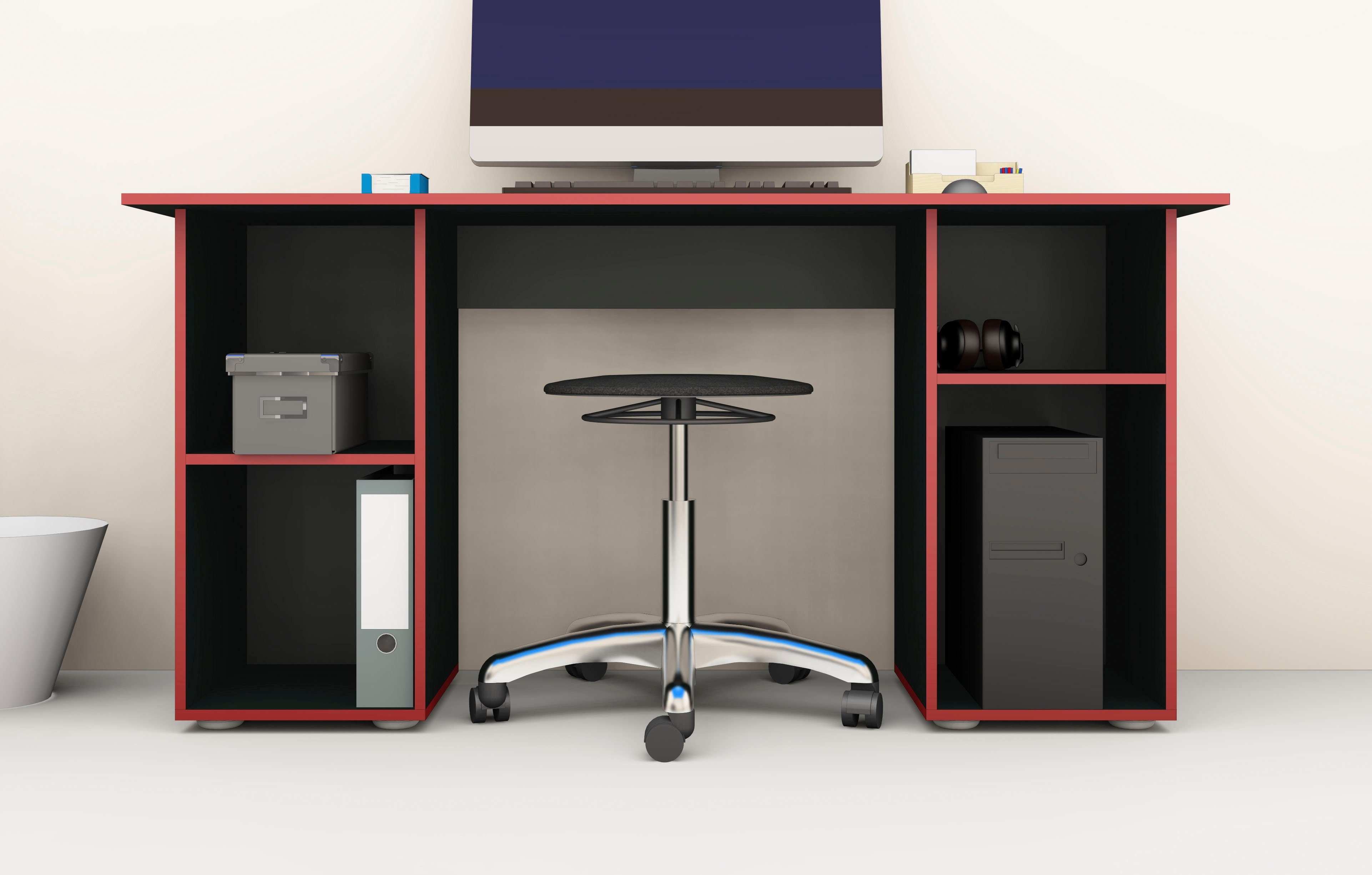 borchardt Möbel schwarz mit Breite viel Kai, Stauraum, Schreibtisch Made matt/Kanten rot 150 cm, Regalschreibtisch Germany | schwarz matt in