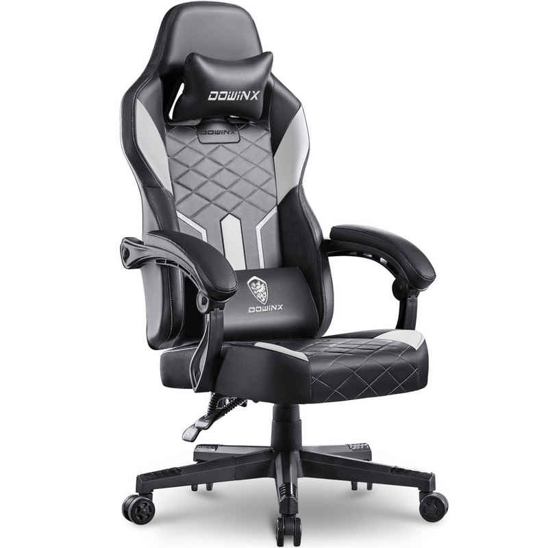 Dowinx Gaming-Stuhl mit Federkissen und Lendenwirbelstütze, ergonomisches Design, PU-Leder, breitere Rückenlehne, schwarz und weiß