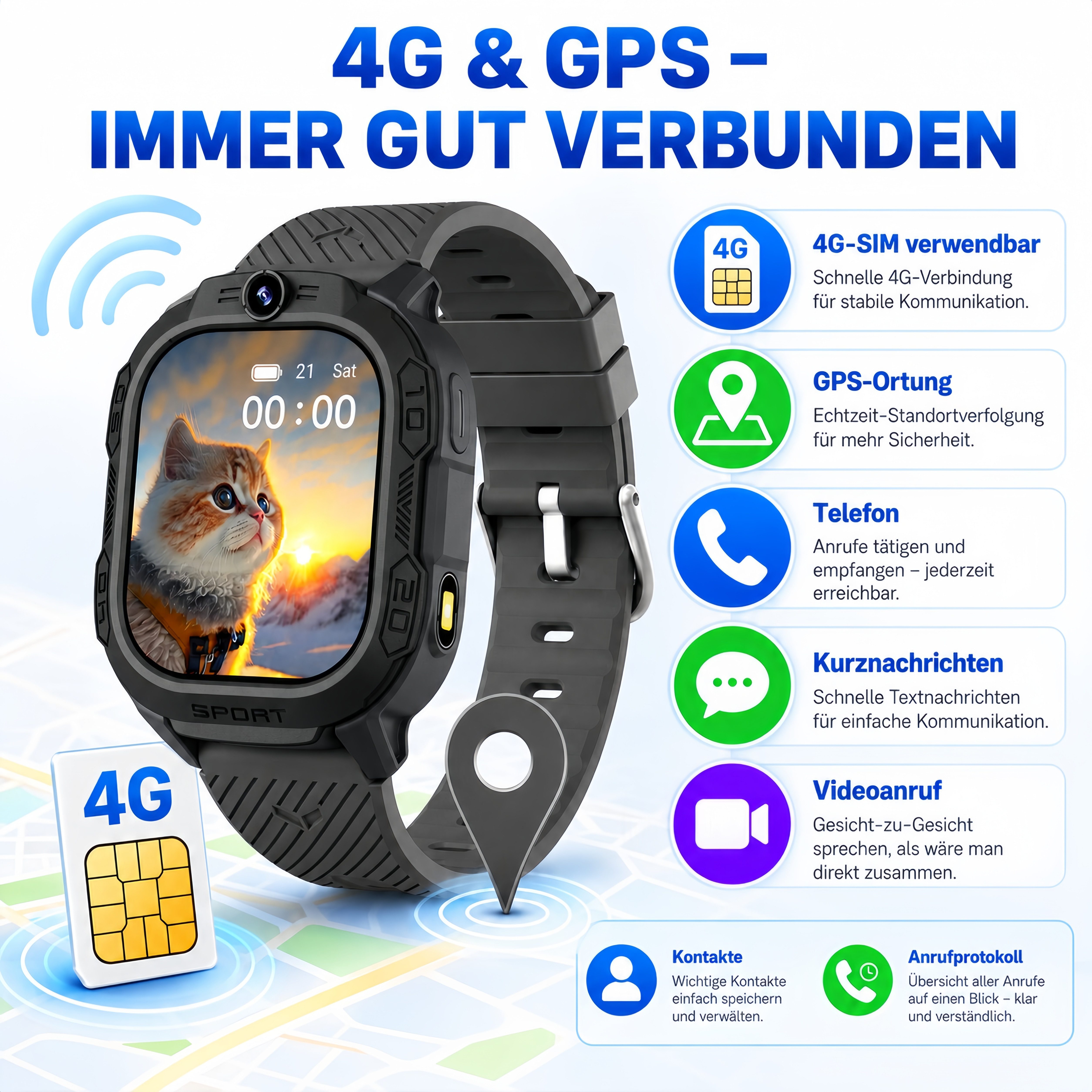 ibettertec Kinderuhr Kinder Smartwatch 4G GPS Uhr mit Telefon, Kamera, SOS Smartwatch (20 cm) Taschenlampe & Trageband, Kinderuhr mit Touchscreen, Anruf, Videoanruf, Schrittzähler, Wecker