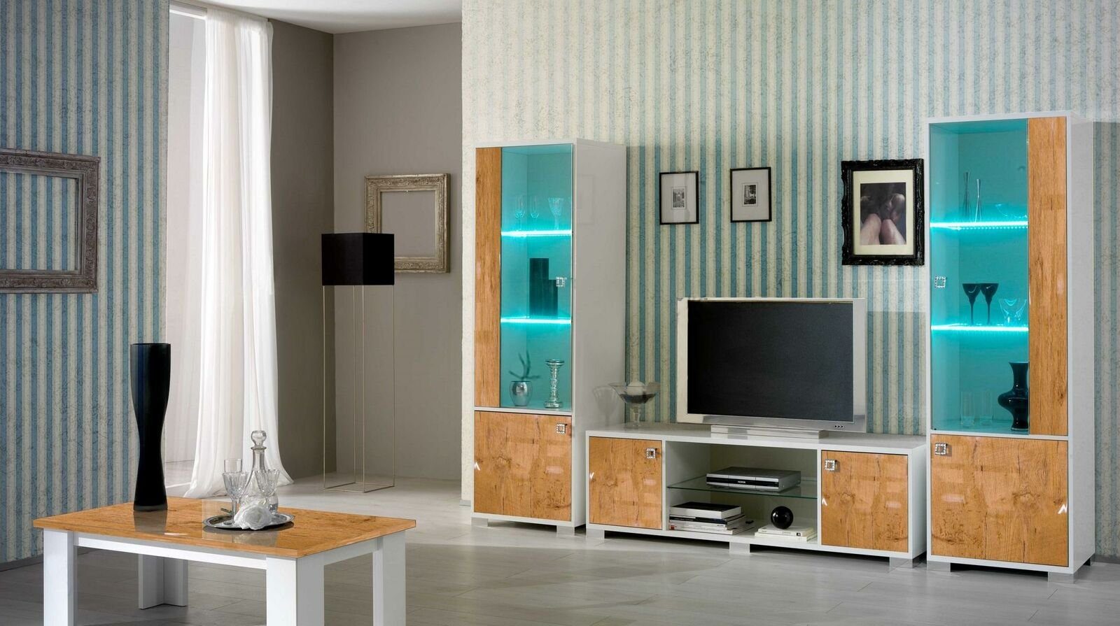 wohnwand 3tlg. Wohnzimmer Wohnzimmer-Set, 2x Italienische Möbel Vitrine Design JVmoebel Luxus rtv Möbel +