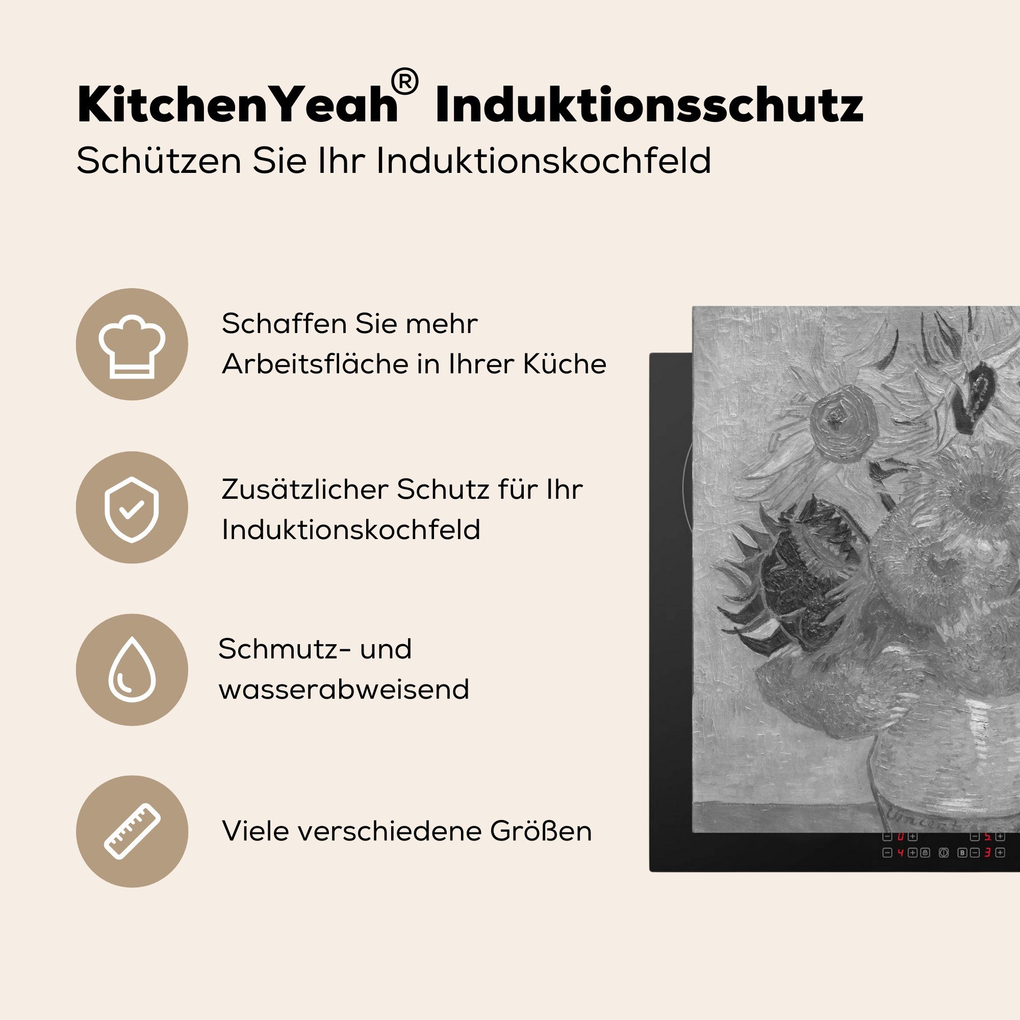 - cm, Sonnenblumen küche Vincent - Herdblende-/Abdeckplatte Arbeitsplatte van - für Gogh Vinyl, Weiß, tlg), Ceranfeldabdeckung, MuchoWow Schwarz (1 78x78