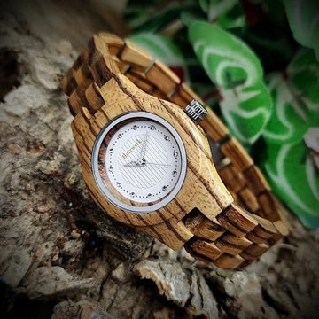 Holzwerk Quarzuhr PARCHIM kleine Strass Damen Holz Armband Uhr, Walnuss braun & weiß
