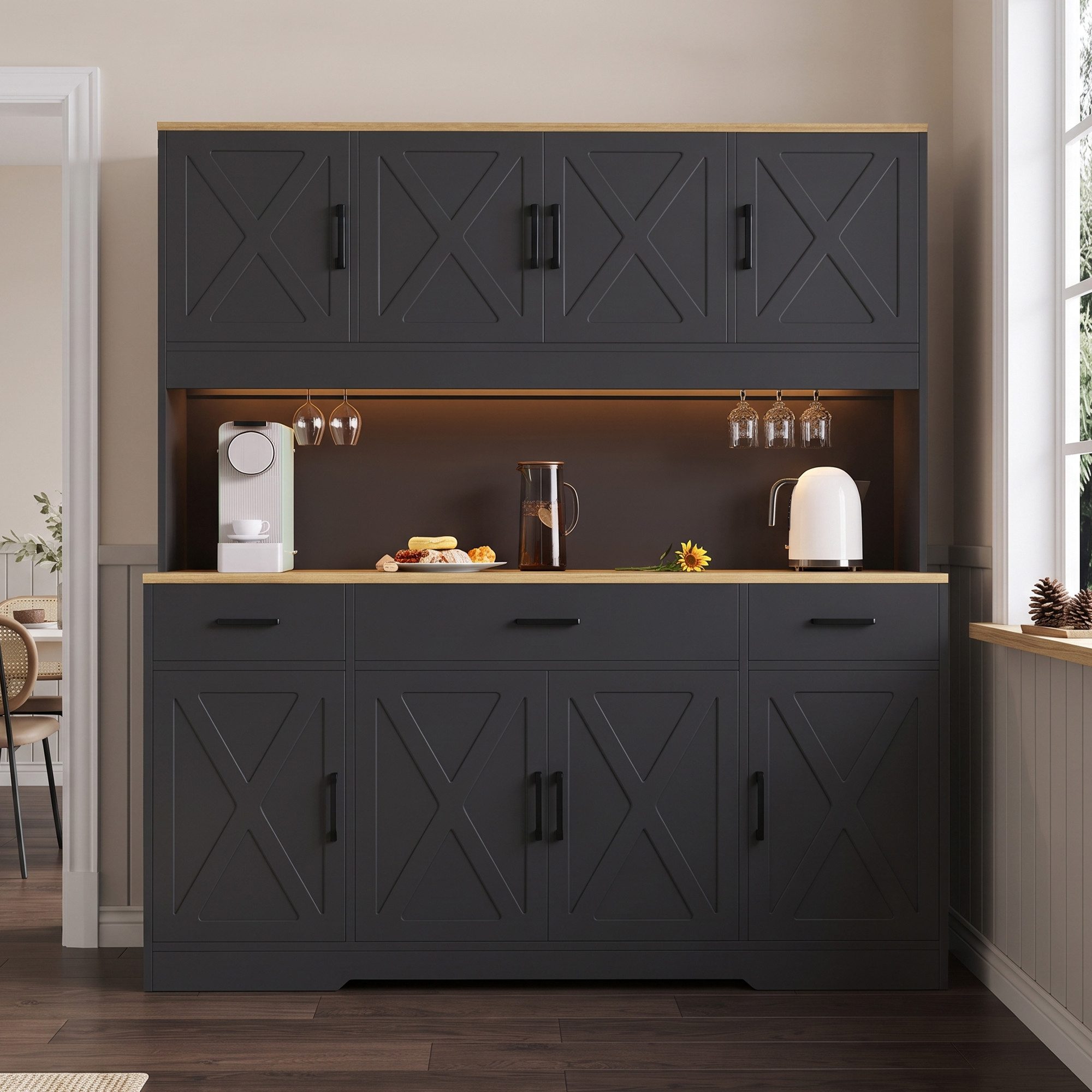 Celya Hochschrank Buffetschränke, Mit farbigem Lichtstreifen, mehrstufigem Stauraum (mit integrierter Steckdose sowie USB-C- und USB-A-Anschlüssen) 150×40×180 cm, mit 2 Weinglashalter