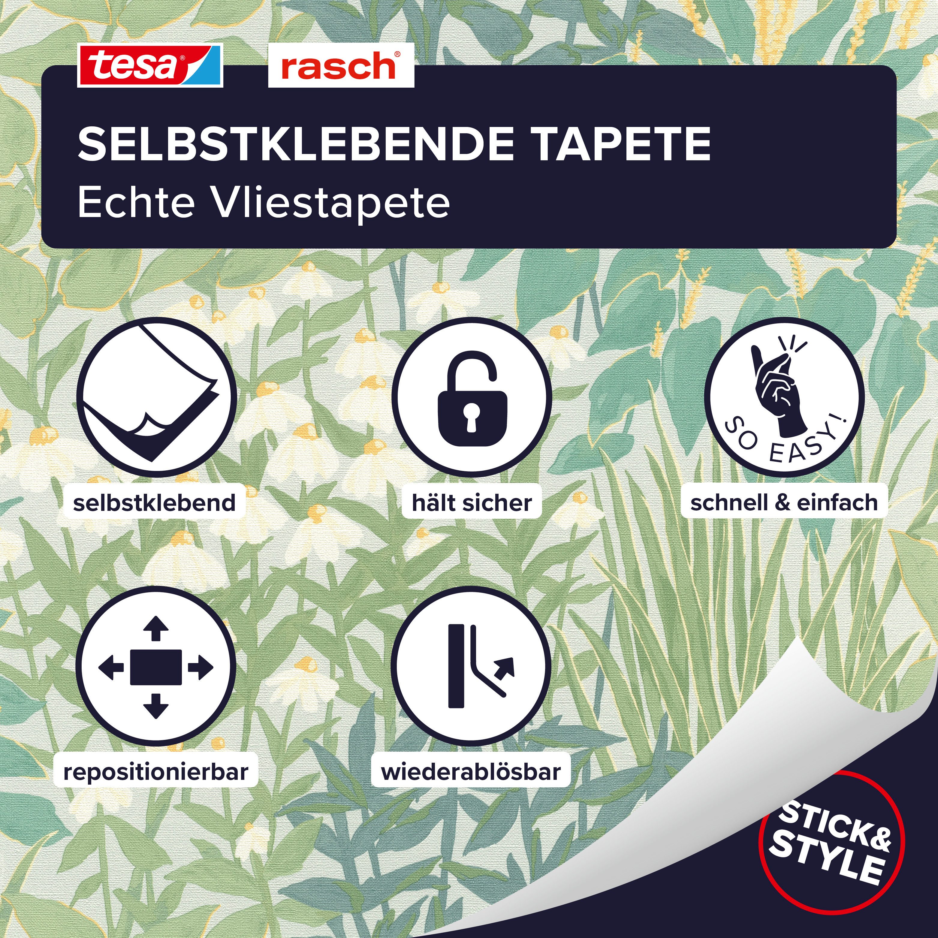 Rasch Vliestapete Wildscape - Selbstklebende Tapete Blumen von tesa® x rasch®, strukturiert, floral, geblümt, botanisch, (1 St), selbstklebend, 6,00m x 0,53m