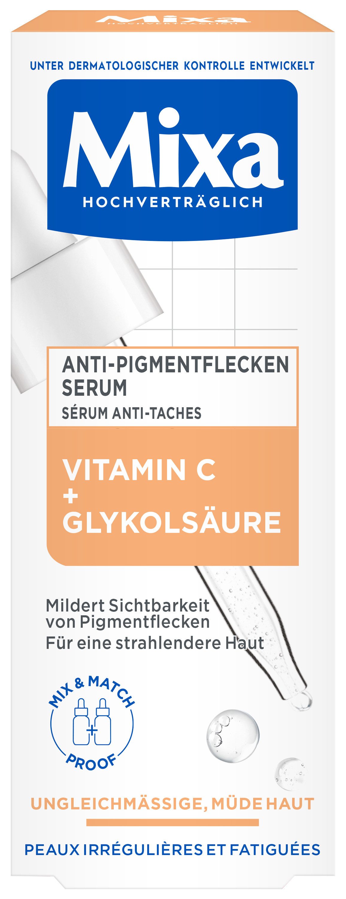 Mixa Gesichtsserum MIXA ANTI-PIGMENTFLECKEN SERUM, gegen müde Haut, regt die Hauterneuerung an, gegen Pigmentflecken