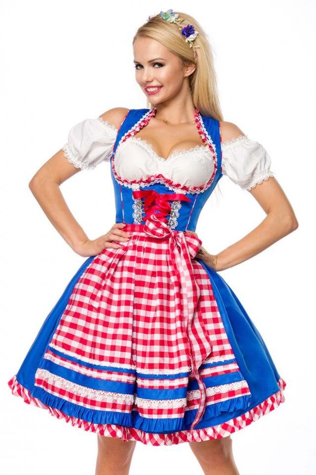 Dirndline Dirndl Dirndl + Karo-Schürze blau/rot/weiß Oktoberfest (1-tlg)