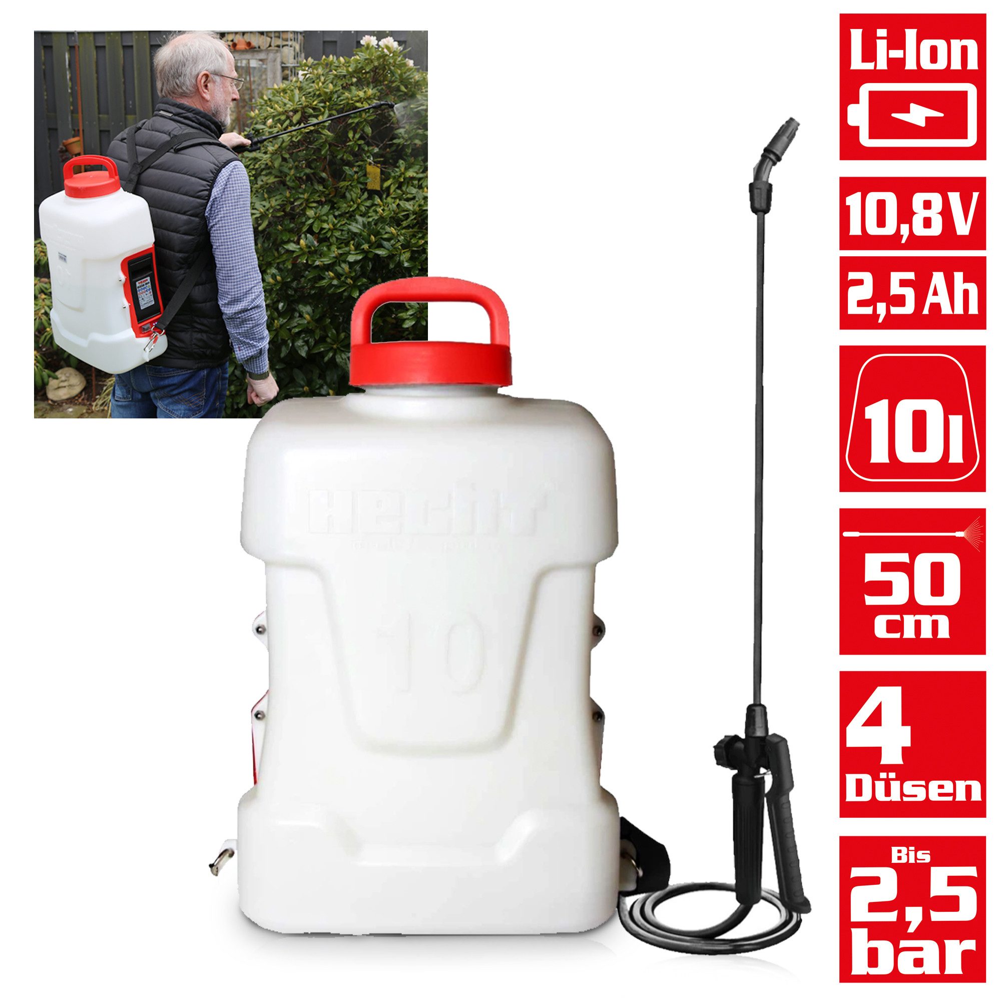 Hecht Akku-Drucksprühgerät 410 mit 10,8v/2,5Ah Akku, 2,5 bar, 50cm Sprühlanze, 150 cm Sprühschlauch, 10 Liter