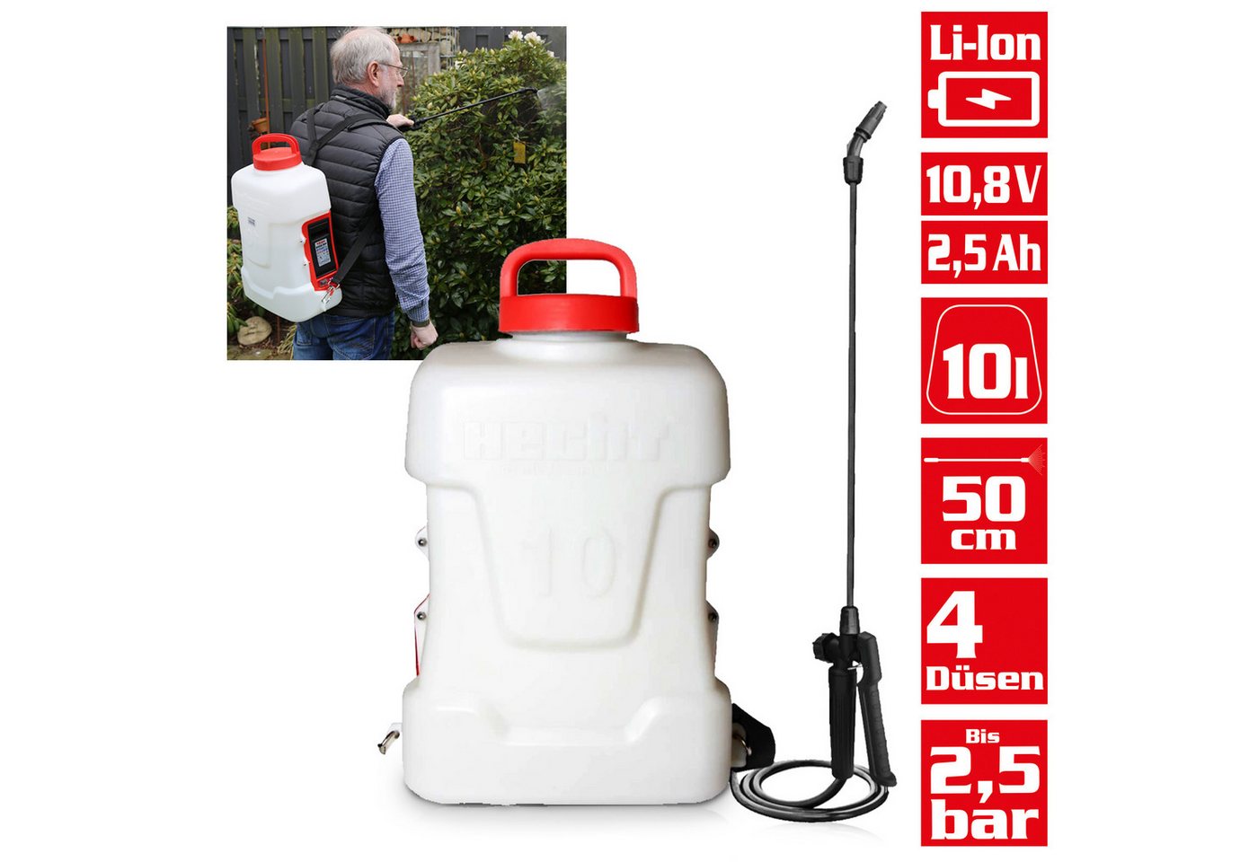 Thumbnail - Hecht Akku-Drucksprühgerät 410 mit 10,8v/2,5Ah Akku, 2,5 bar, 50cm Sprühlanze, 150 cm Sprühschlauch, 10 Liter