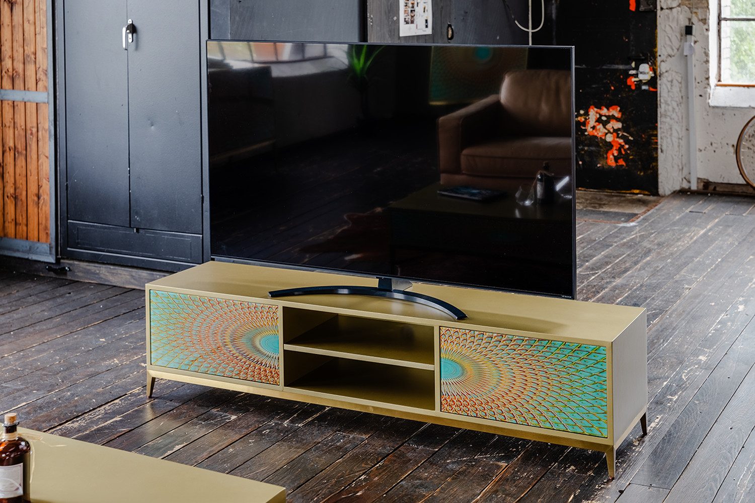 KAWOLA TV-Board, TV-Board 2 Türen 2 Fächer Glas grün/gold 180/42/40 cm (B/H/T)