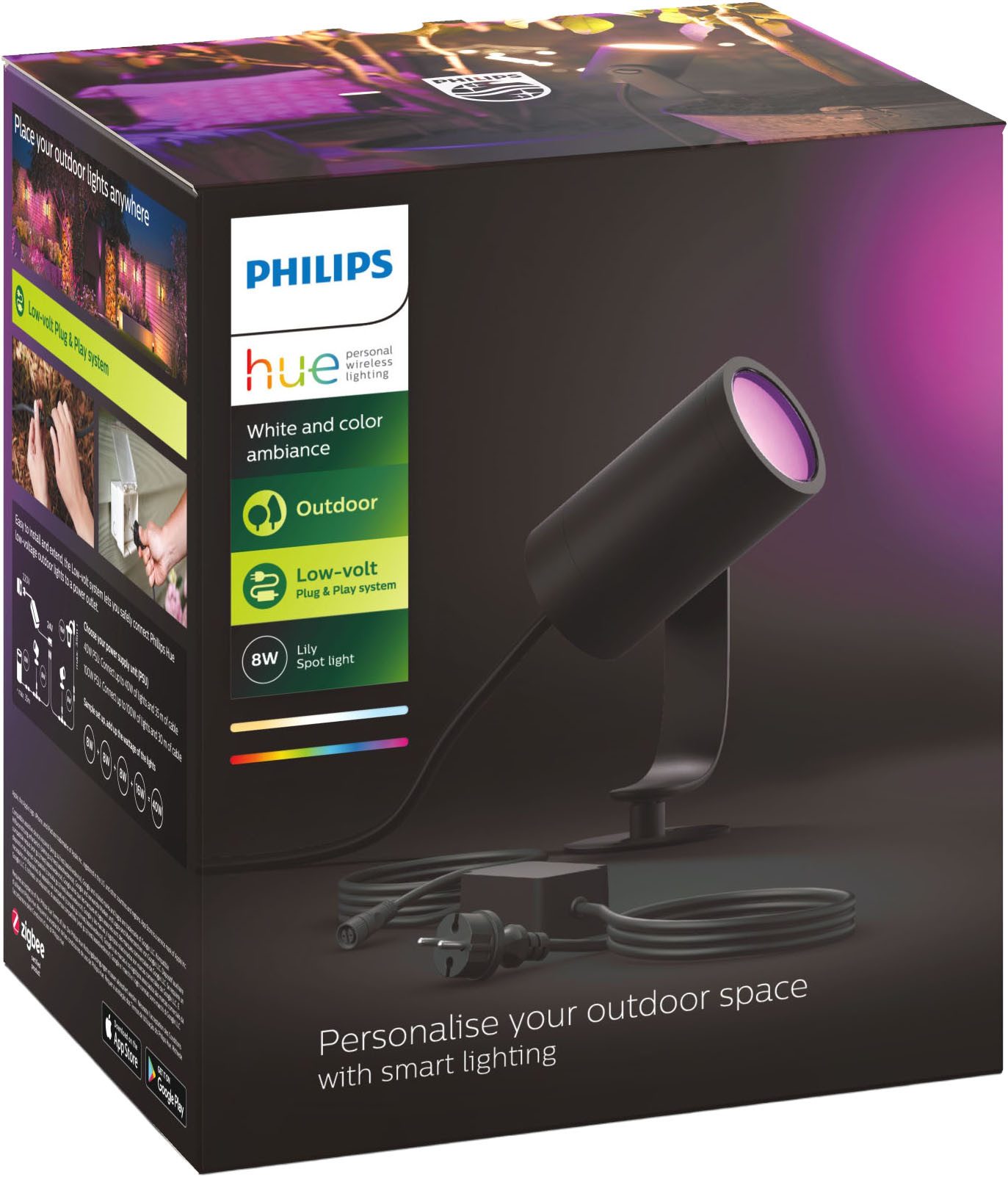 Philips Hue Smarte LED-Leuchte White & Color Ambiance Lily Spot 1 flg. Schwarz Basis-Set, Abschaltautomatik, Bluetooth, CCT - über Fernbedienung, Dimmfunktion, Farbsteuerung, Farbwechsel, Leuchtdauer einstellbar, Memoryfunktion, Nachtlichtfunktion, RGB, Smart Home, Timerfunktion, dimmbar über Fernbedienung, erweiterbar, mehrere Helligkeitsstufen, LED wechselbar, RGB, Outdoor Niedervolt-System inkl. Netzteil