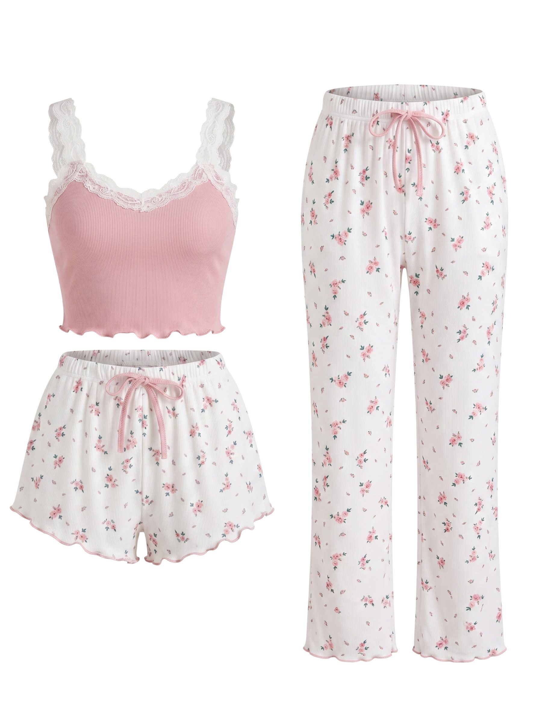 Elegant Love Schlafanzug Bequemes Damen-Set – Pyjama & Loungewear mit Blumendesign (Set, 3 tlg., Träger-Top + Hose + Shorts) Lässiges Nachtwäsche-Set – Stilvoll – Bild 2 von 5
