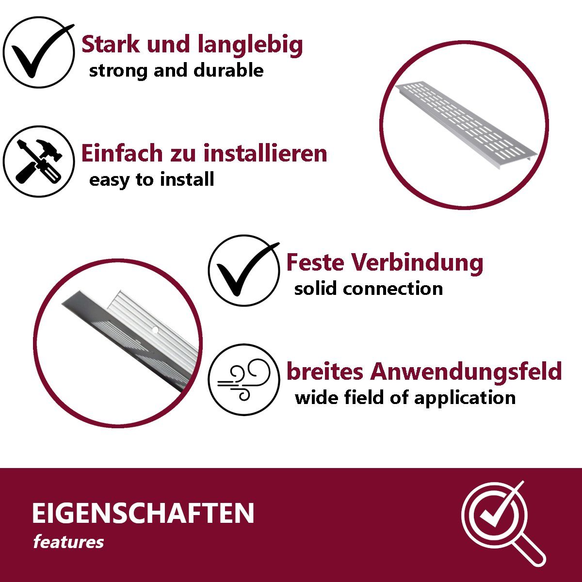 HOOZ Lüftungsgitter für eine ideale Belüftung von Küche, Bad, Garage und Wohnzimmer (Set, 1 St., 30 x 8 x 1,2 cm), silber