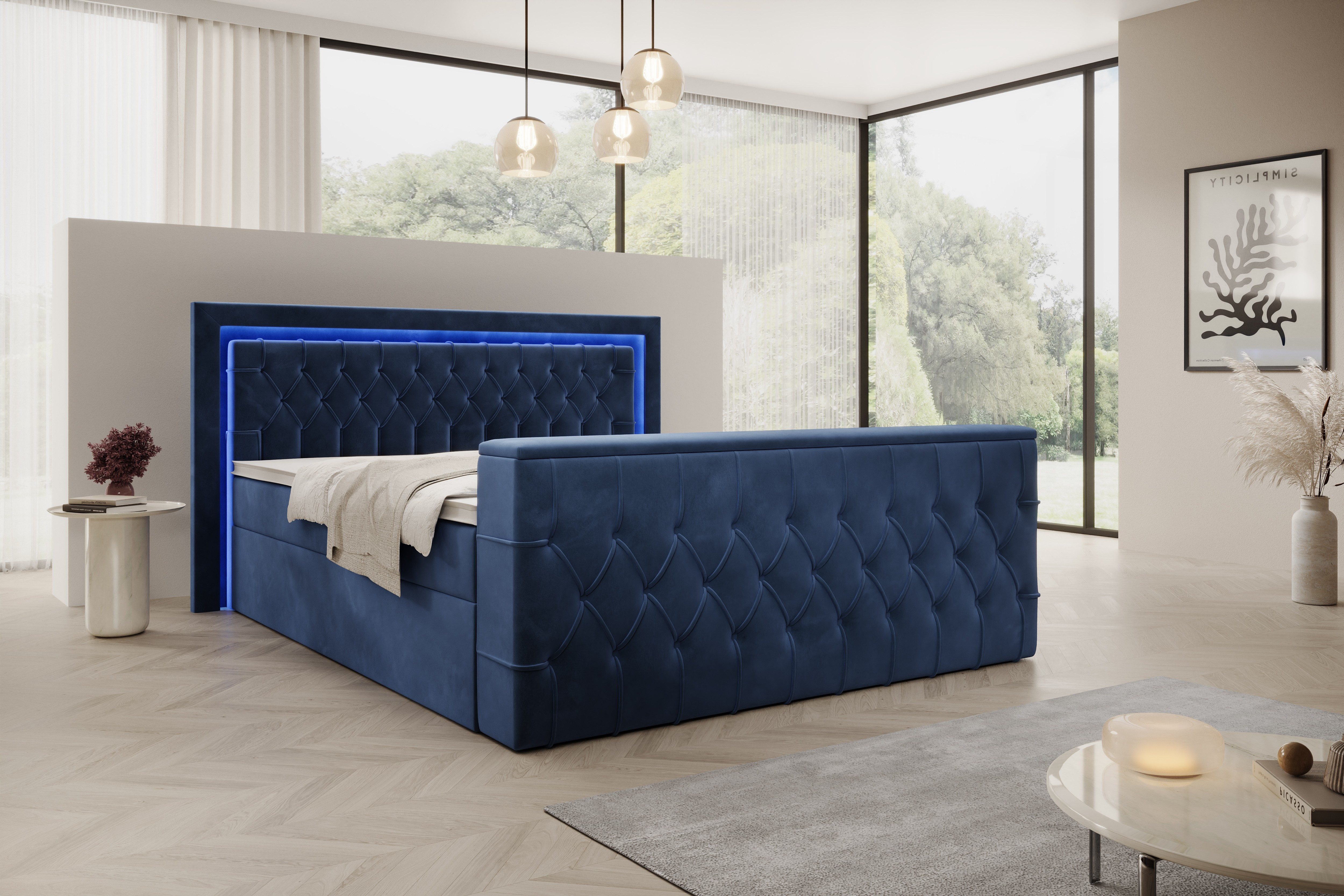 PROMETO Möbel Boxspringbett Doppelbett 180x200cm mit Matratze, Bettkasten TV-Lift LED Beleuchtung