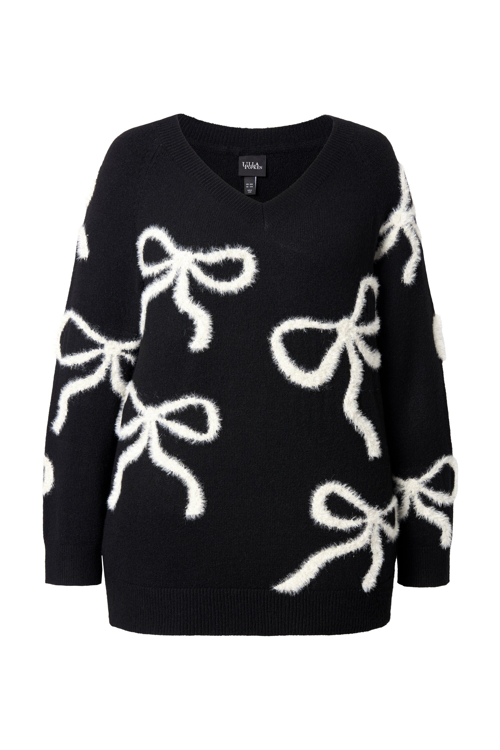 Ulla Popken Strickpullover Pullover Glitzer-Schleifen V-Ausschnitt Langarm günstig online kaufen