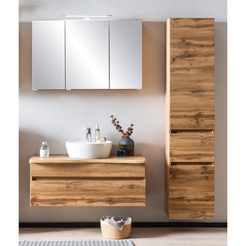 Lomadox Badmöbel-Set VIDAGO-03, (Spar-Set, 3-St), Eiche Baumkante Keramikwaschbecken und Spiegelschrank 156/200/52 cm