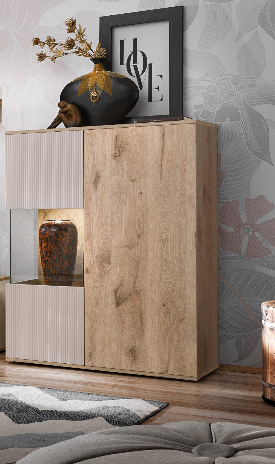 Inn.Furn Highboard Cathlyn (Vitrine in Eiche und Kaschmir, 6 Fächer, 90 x 120 cm), inklusive LED Beleuchtung – Bild 3 von 5