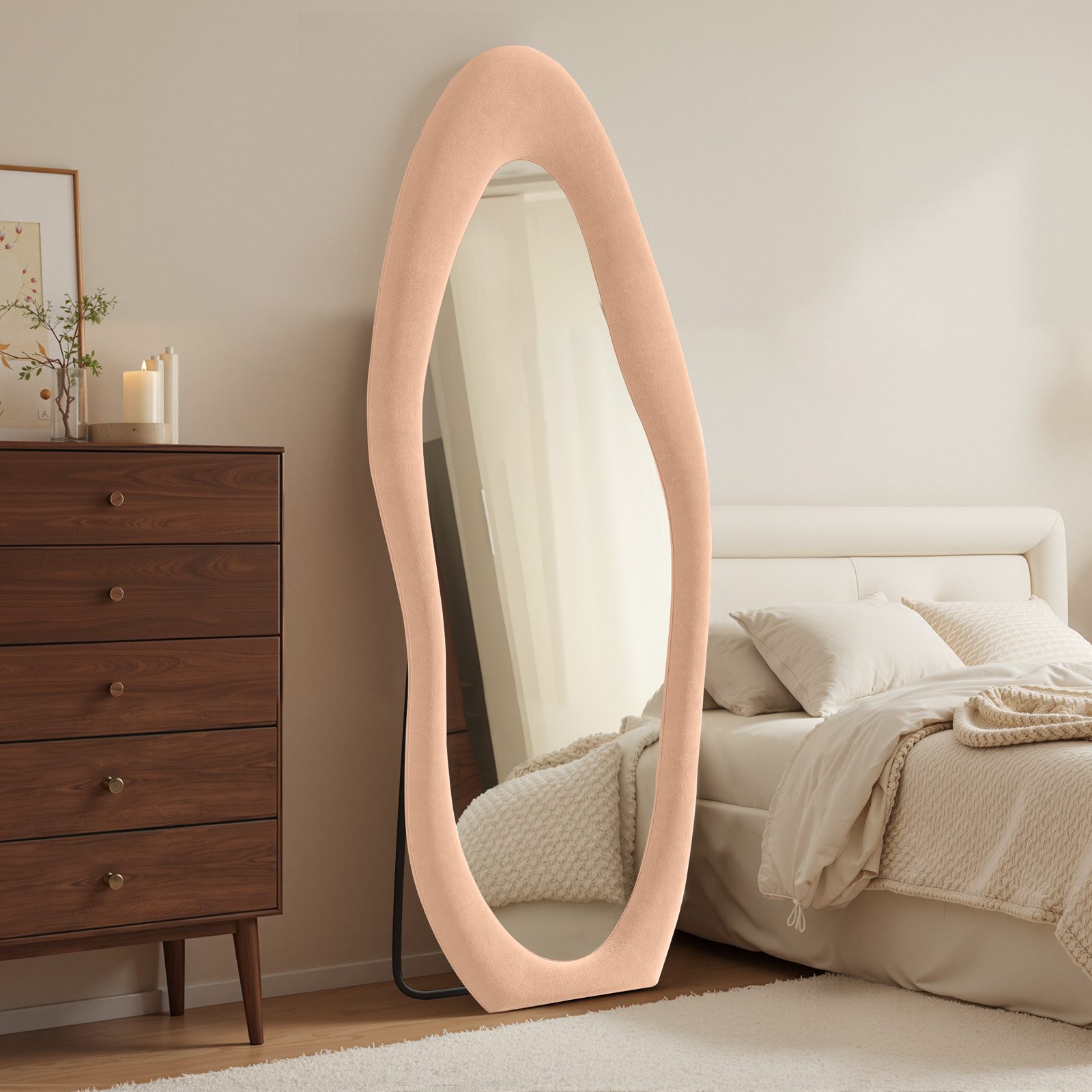 LUNAMIRROR Ganzkörperspiegel in organische Form, mit Samtbezug und Holzrahmen (1-St), stehend & hängend, 160x60 cm