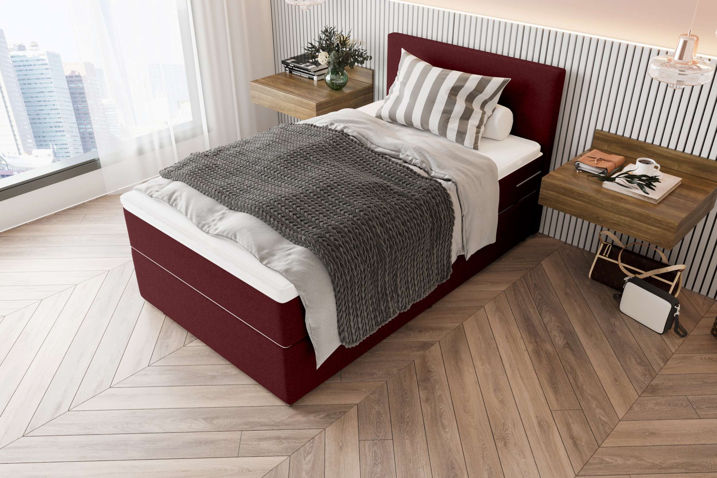 99rooms Boxspringbett Phönix Mini (Schlafzimmerbett, Bett), mit Taschenfederkernmatratze und Topper, in Webstoff MALMO_NEW