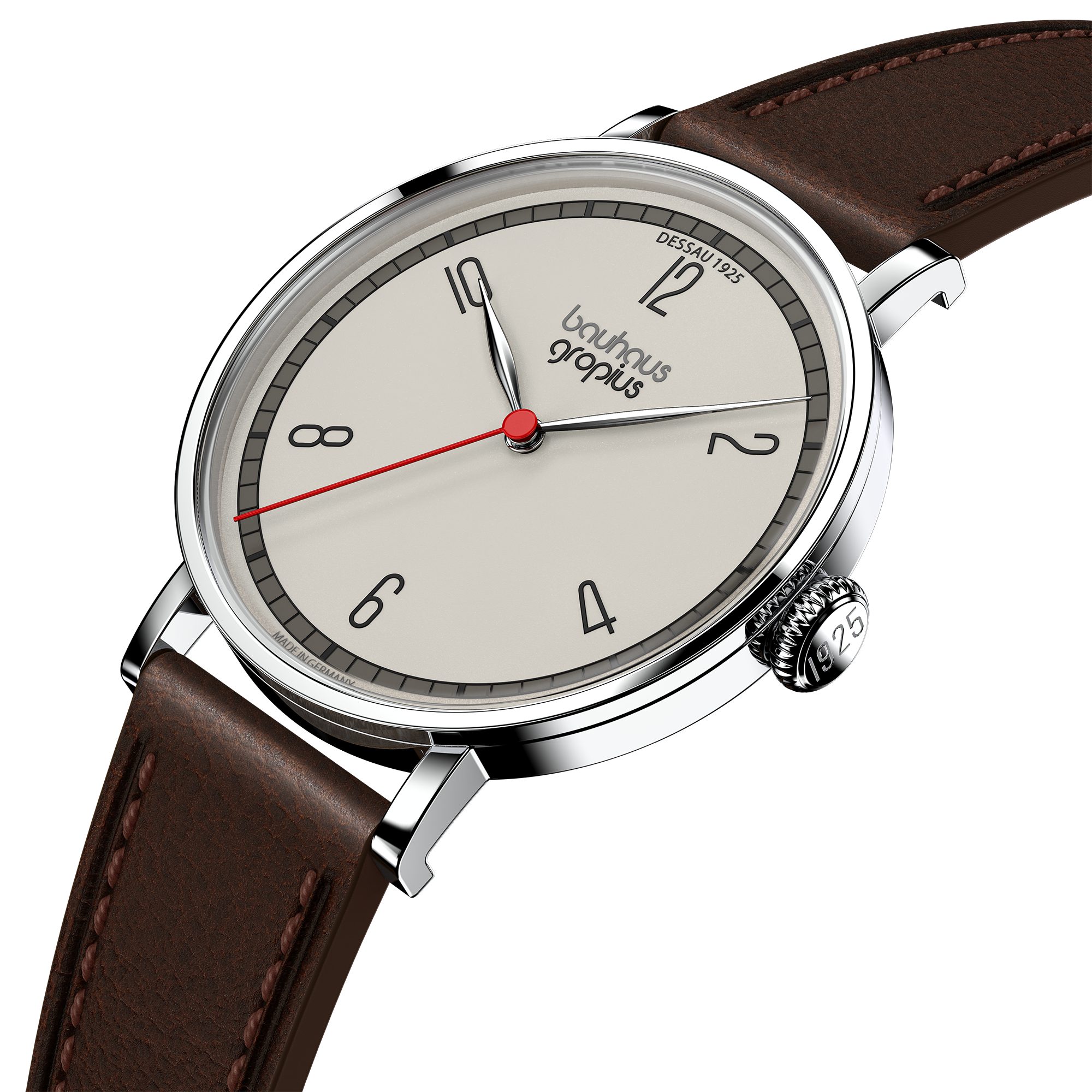 Walter Gropius Quarzuhr Made in Germany, Damenuhr, Herrenuhr, Unisex, Saphirglas - WGN 004-04, Armbanduhr, Lederarmband, Edelstahlgehäuse, New Bauhaus Dessau 1925