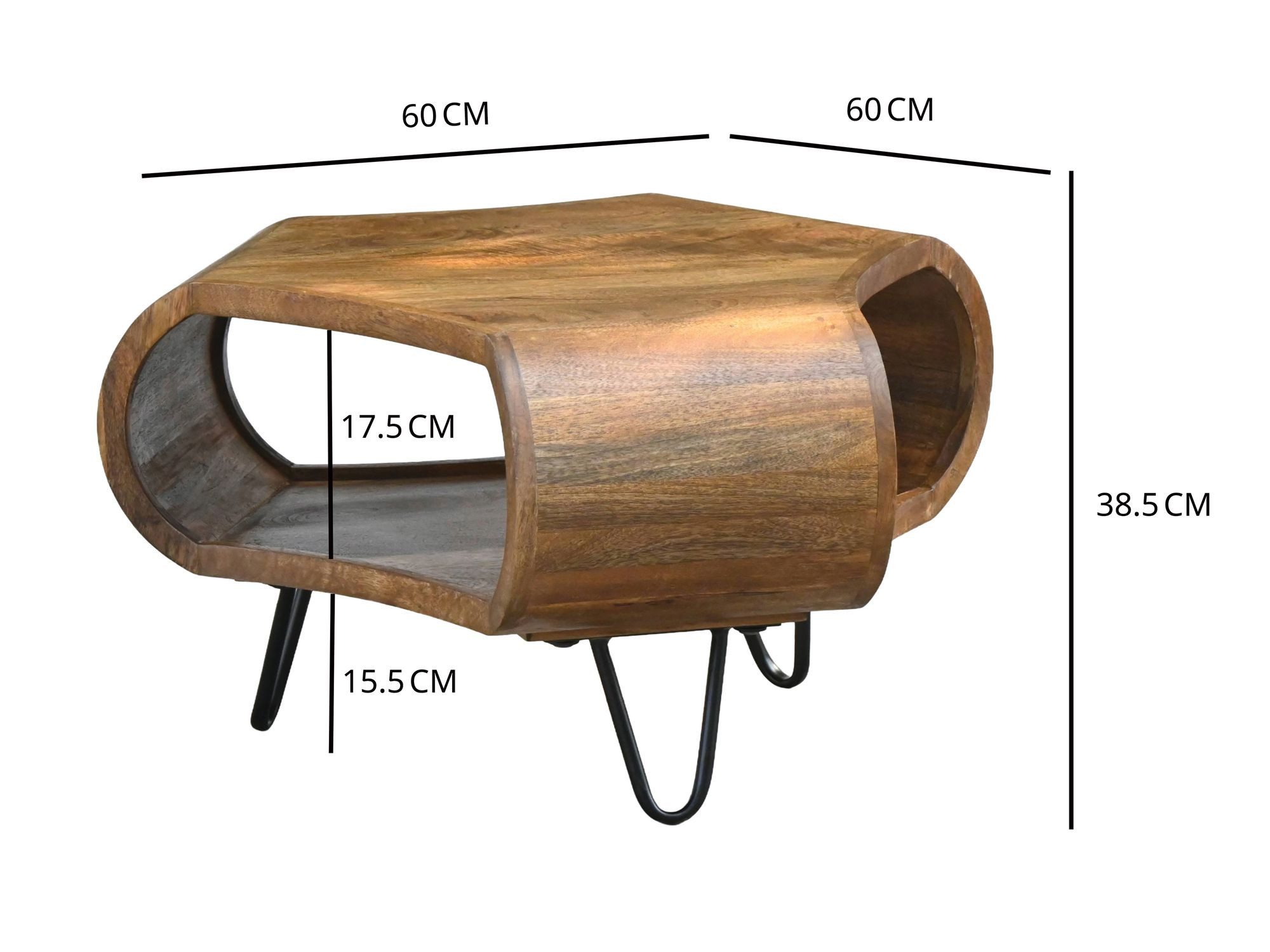 FINEBUY Couchtisch FB117850 60cm Massivholz mit Ablagefach Wohnzimmertisch Beistelltisch (Moderner Wohnzimmertisch aus Mangoholz), Organisch geformter Kaffeetisch mit Metallbeinen