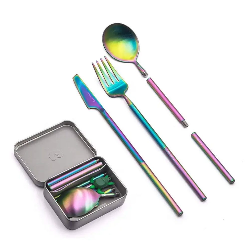 Outlery Grillbesteck-Set Reisebesteck-Set Edelstahl mit Aufbewahrungsdose - Regenbogenfarben, (4 tlg., Messer, Gabel, Löffel und Aufbewahrungsdose), ultra kompakt, für Reisen, Messer, Gabel und Löffel für eine Person