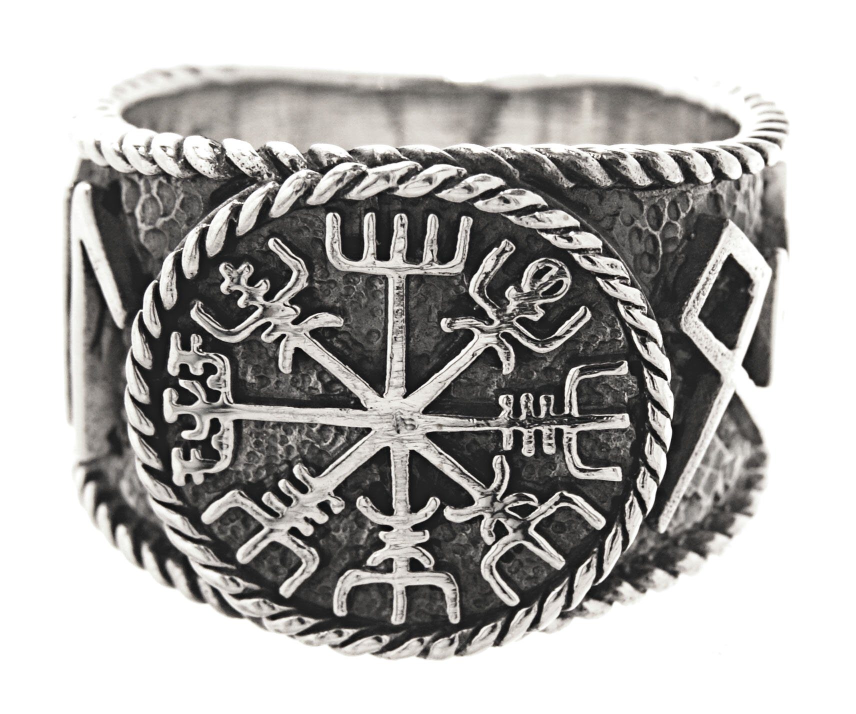 Kiss of Hail Wikingerkompass Ring 54-74 Silberring Leather Runen, Gr. Odin Vegvisir