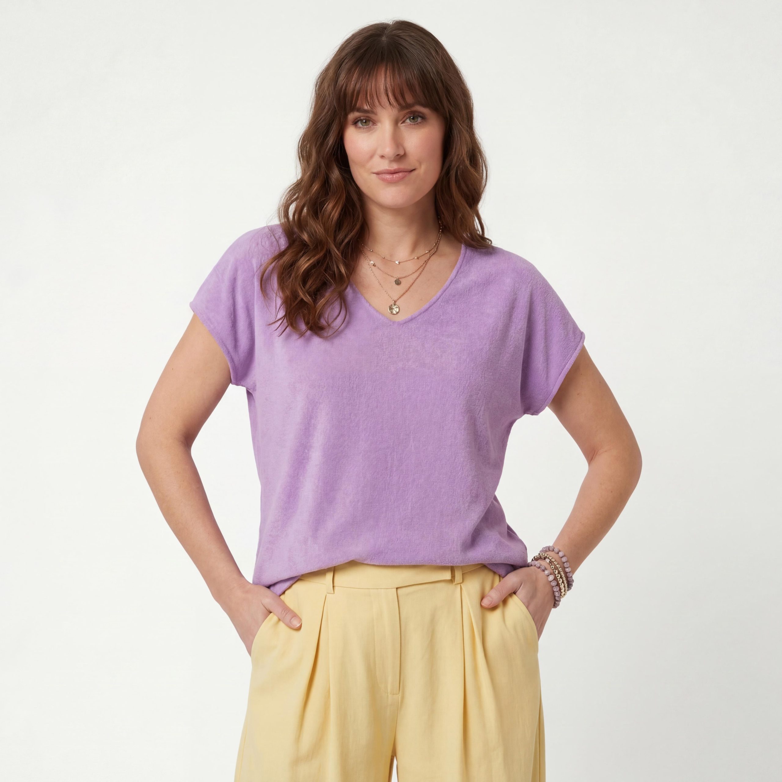 T-Shirt T-Shirt Damen Kurzarm Shirt weiches Feinstrick Oberteil V-Ausschnitt