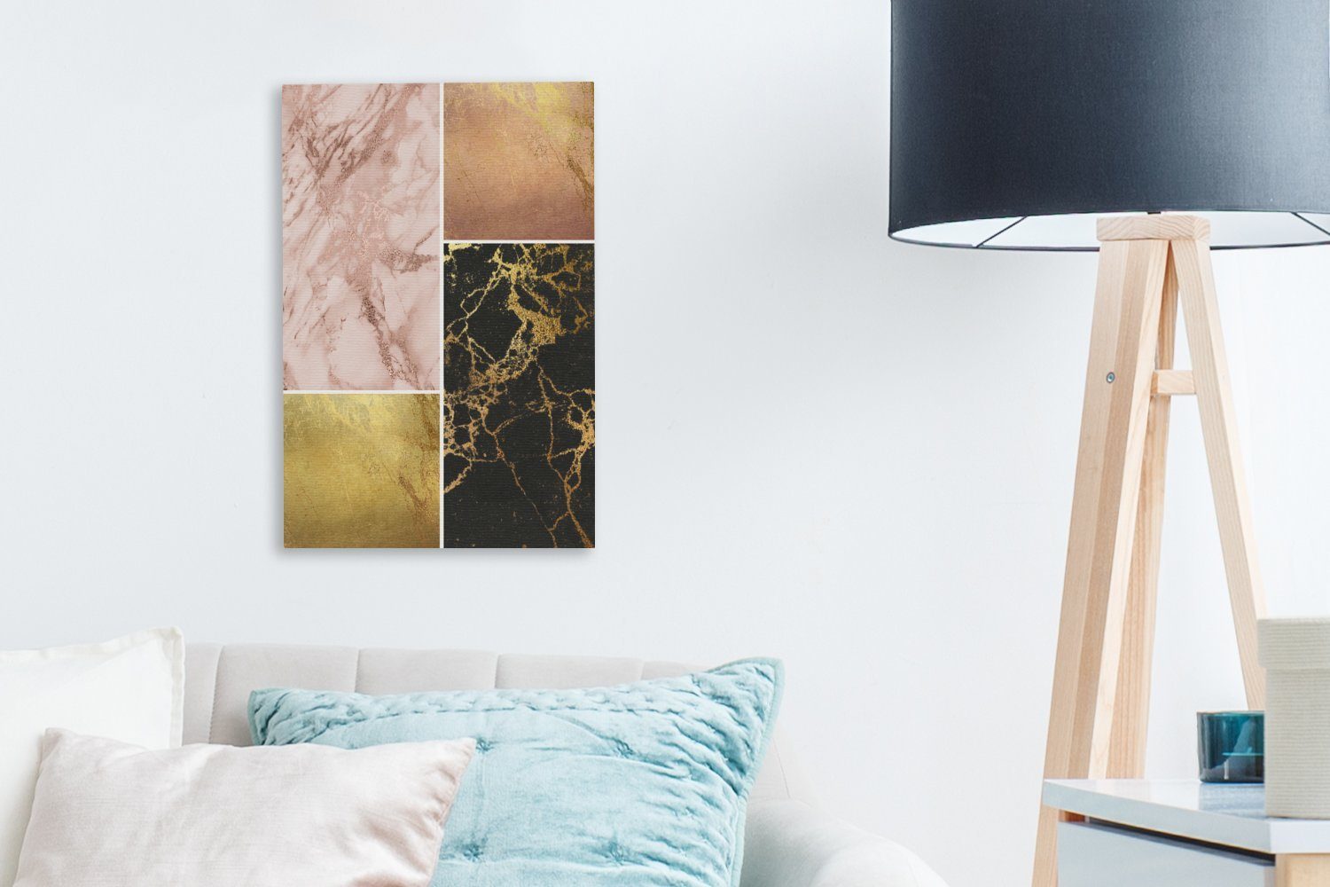 Zackenaufhänger, - inkl. - Collage 20x30 Gemälde, cm St), bespannt Leinwandbild Leinwandbild Marmor Gold, OneMillionCanvasses® fertig (1