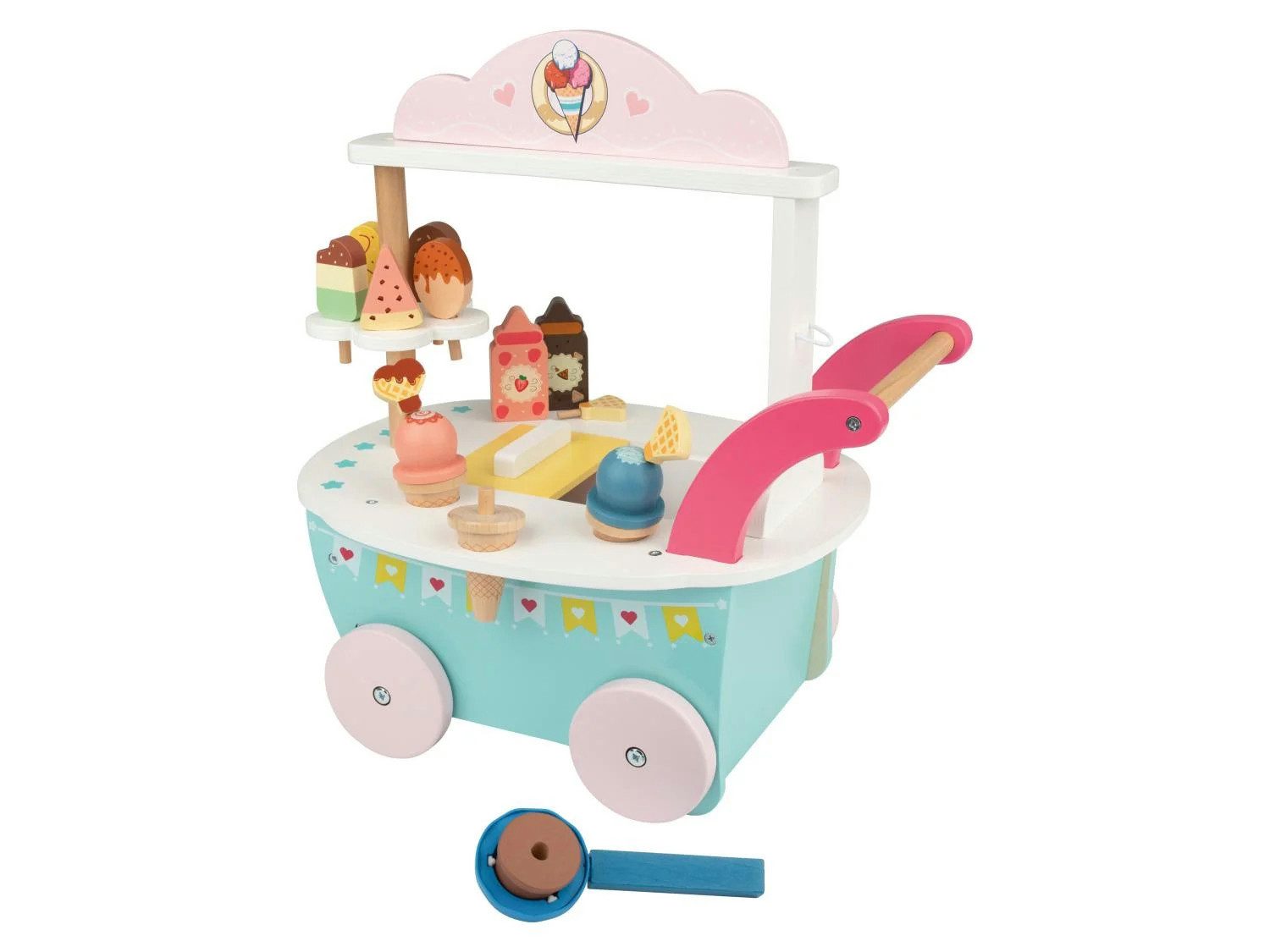 lupilu Spielzeug-Servierwagen Echt-Holz Spielzeug 18tlg Kinder Rollenspiel Eiswagen, (Komplettset, 18-tlg., 18-teiliges Set), Echtholz, Eiskremhalterungen, Eiscontainer mit beweglichem Deckel