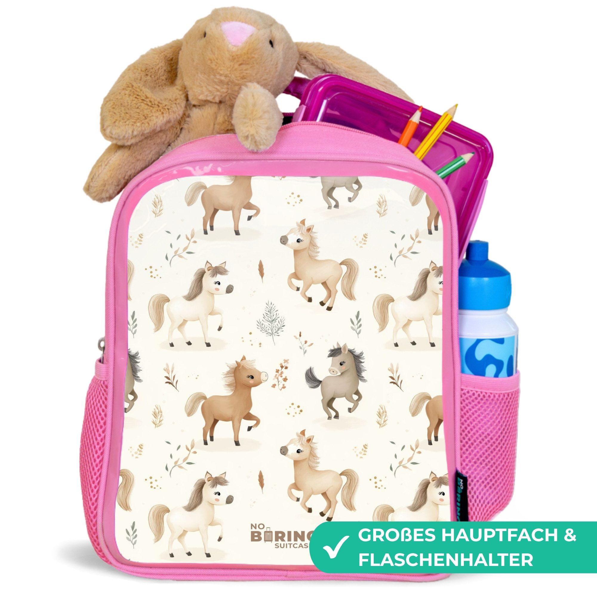 NoBoringSuitcases.com© Rucksack Rosa - Muster der Fohlen in den Farben beige und braun, Kinderrucksack, Schulrucksack, Freizeitrucksack, Mädchen, Kindergarten
