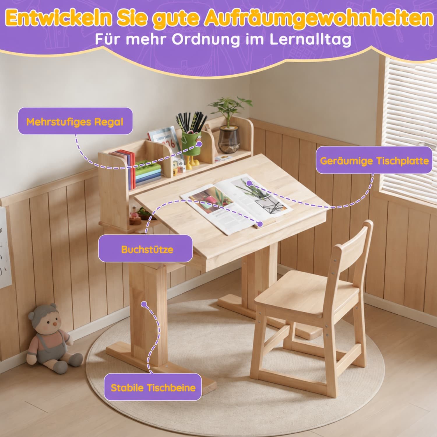 ANYSUN Kinderschreibtisch aus Massivholz Höhenverstellbarer mit Neigbare Tischplatte 0°-43° (1 Tisch mit Buchstütze,Kurbelmechanismus,Belastbar bis 50 kg,Natur), Schreibtisch mit Stauraum für Kinder ab 6 Jahren,B92/T60/H89-110.5 cm