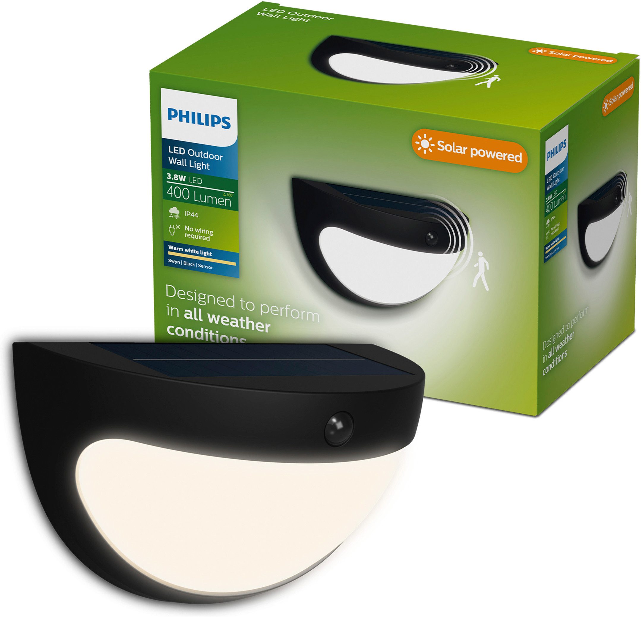 Philips LED Außen-Wandleuchte Outdoor Solar Swyn, Abschaltautomatik, Bewegungsmelder, Tageslichtsensor, LED fest integriert, Warmweiß, Tageslicht- und Bewegungssensor, 2700 Kelvin, 400 Lumen, schwarz