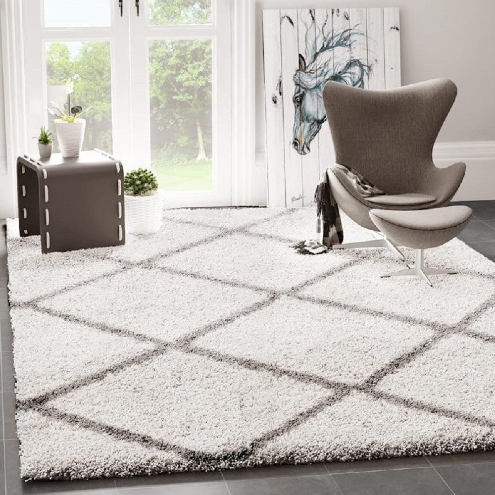 Vimoda Hochflor-Läufer Shaggy Wohnzimmer Rautenmuster Weiss, günstig online kaufen