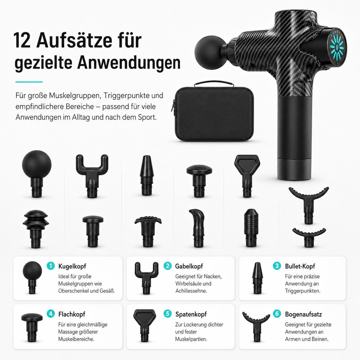 Tekoo Massagepistole Faszienpistole, mit Drucksensor, 12 Aufsätze & Tasche, Set, 16-teiliges Set, Mit intelligentem Drucksensor und 12 Aufsätzen