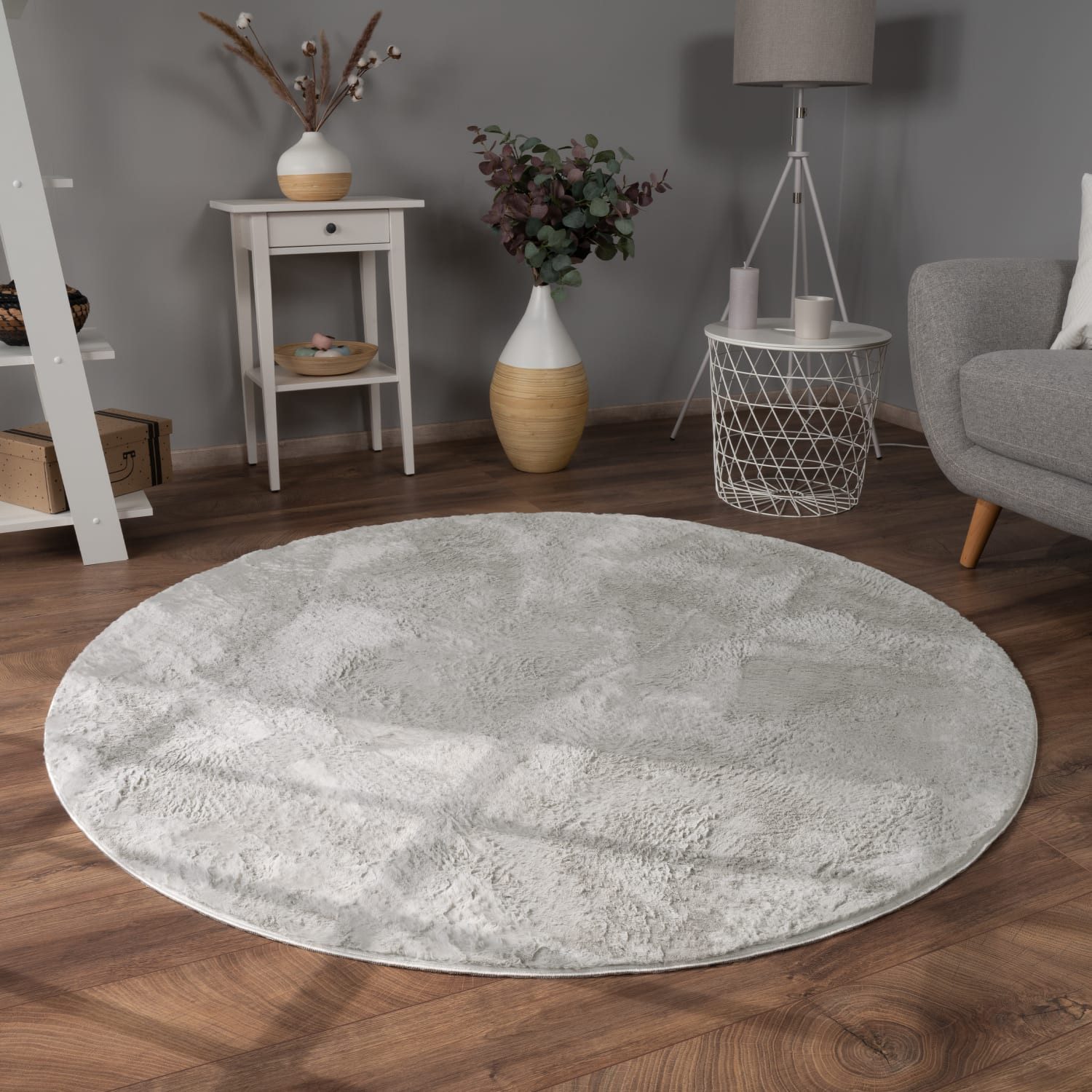 KADIMA DESIGN Teppich waschbar Einfarbig Wohnzimmer schmutzabweisend Teppich Kurzflor, Rund, Höhe: 14 mm, Florhöhe: 10 mm, Polyester, Rund, 100D, Grau