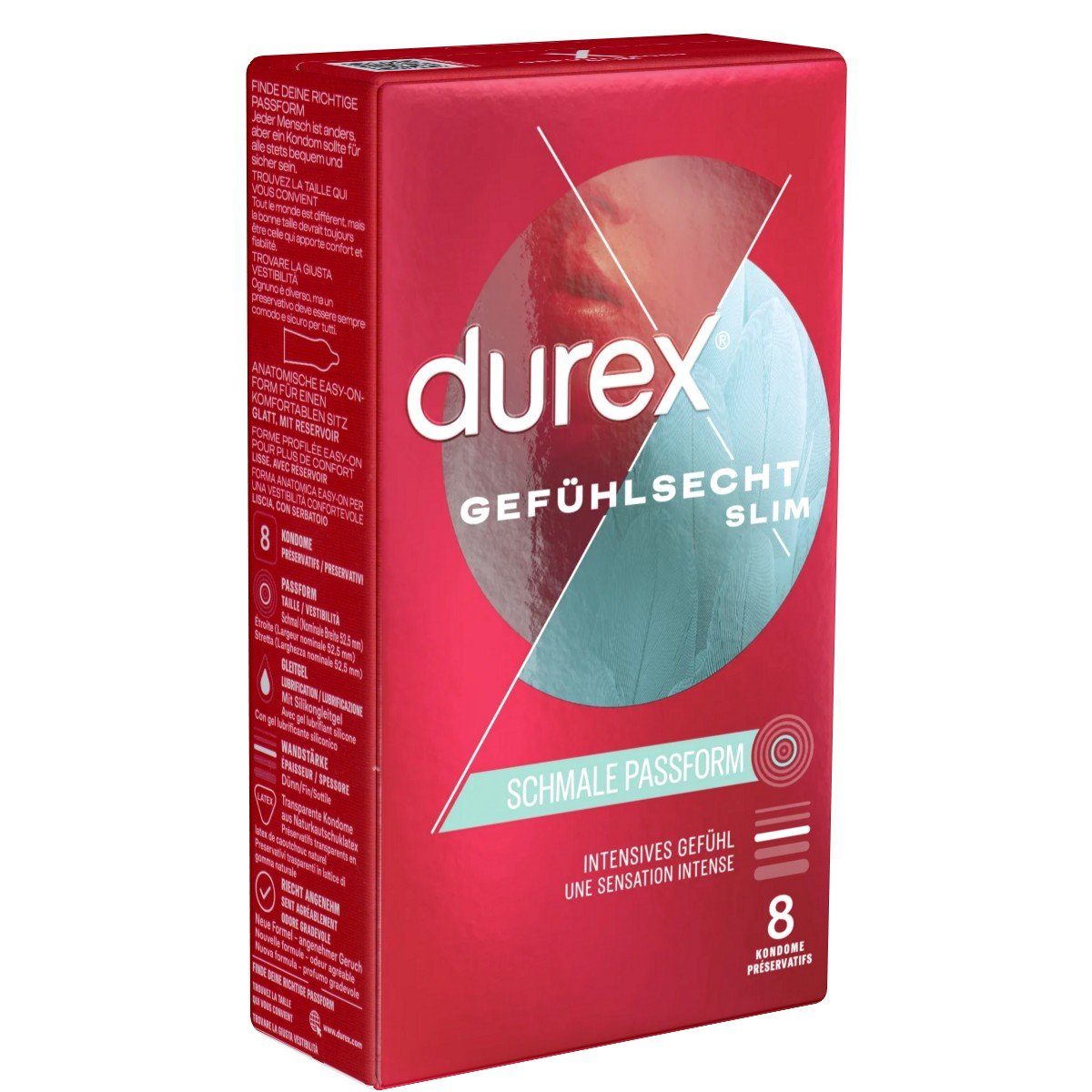 durex Kondome Gefühlsecht Slim Fit Packung mit, 8 St., schlanke und hauchzarte Markenkondome mit Easy-On™-Passform