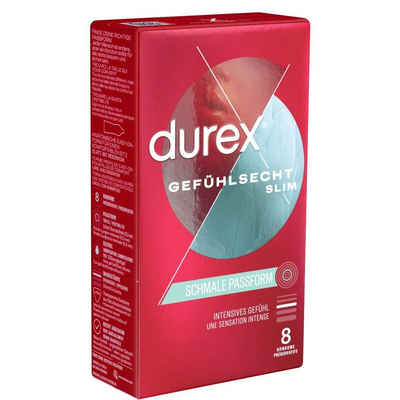 durex Kondome Gefühlsecht Slim Fit Packung mit, 8 St., schlanke und hauchzarte Markenkondome mit Easy-On™-Passform