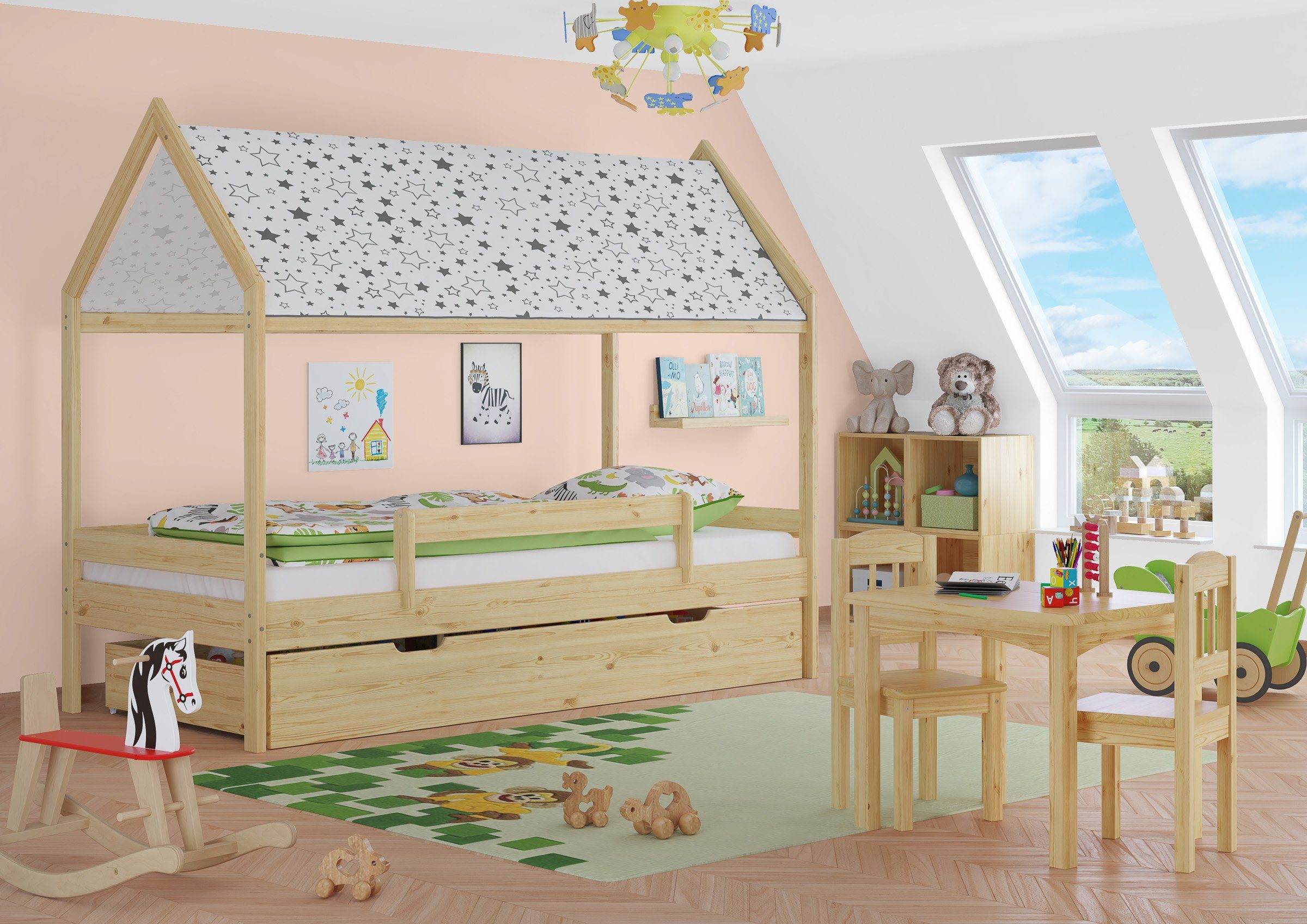 ERST-HOLZ Bett Kinderbett Hausbett Kieferfarblos massiv, und Rausfallschutz Himmel lackiert mit Kiefer