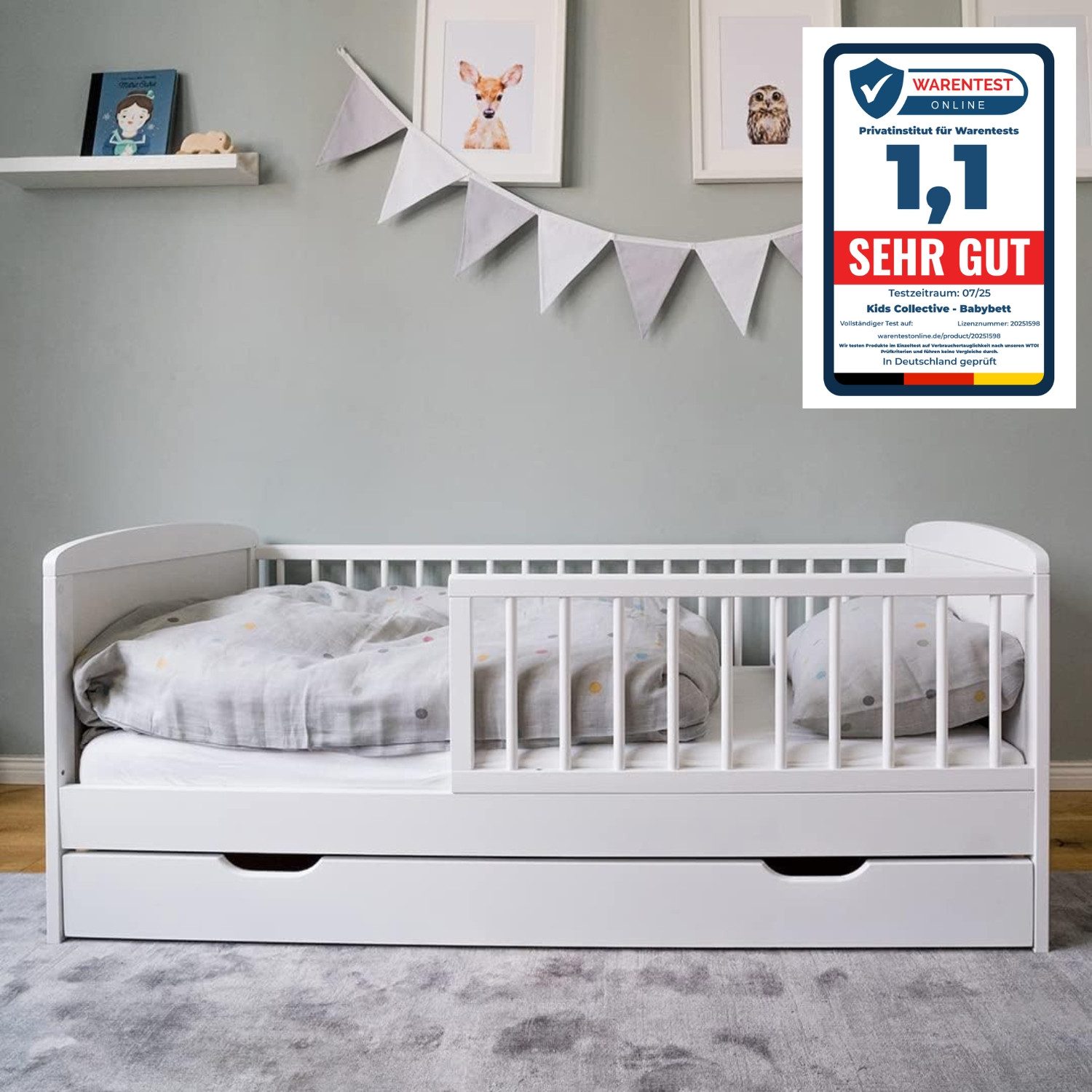 Kinderbett 70x140 cm mit Schublade, Lattenrost und Rausfallschutz in weiß