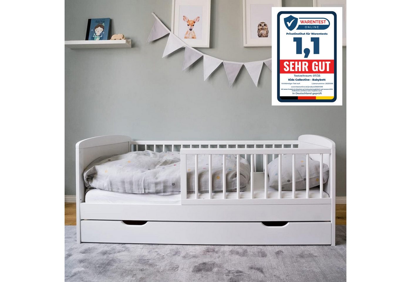 Kids Collective Kinderbett 70x140 cm mit Schublade, Lattenrost und Rausfallschutz in weiß, mit Bettkasten, Made in Europe, Junior-Bett bis zum 6. Lebensjahr