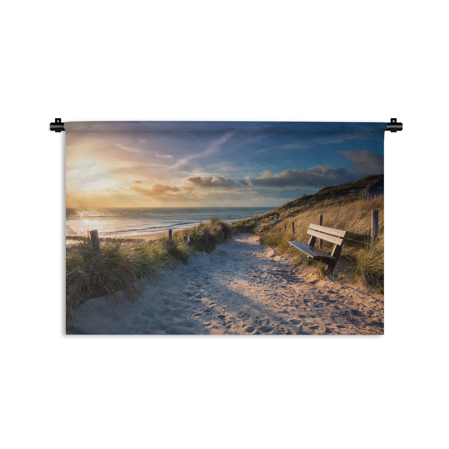 MuchoWow Wanddekoobjekt Sonnenuntergang - Strand - Düne - Gras - Bank, Wanddeko für Wohnzimmer, Schlafzimmer, Kleid, Wandbehang, Kinderzimmer