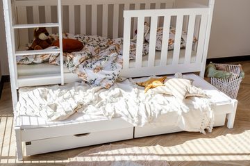 thematys Etagenbett Stockbett Hochbett Kinderbett 80x180 oder 90x200 cm für 2 / 3 Kinder (für Jungen Mädchen oder Erwachsene aus Kiefer Massivholz, mit Rausfallschutz), mit Ausziehbett, zwei Schubladen, umbaubar zu drei Einzelbetten