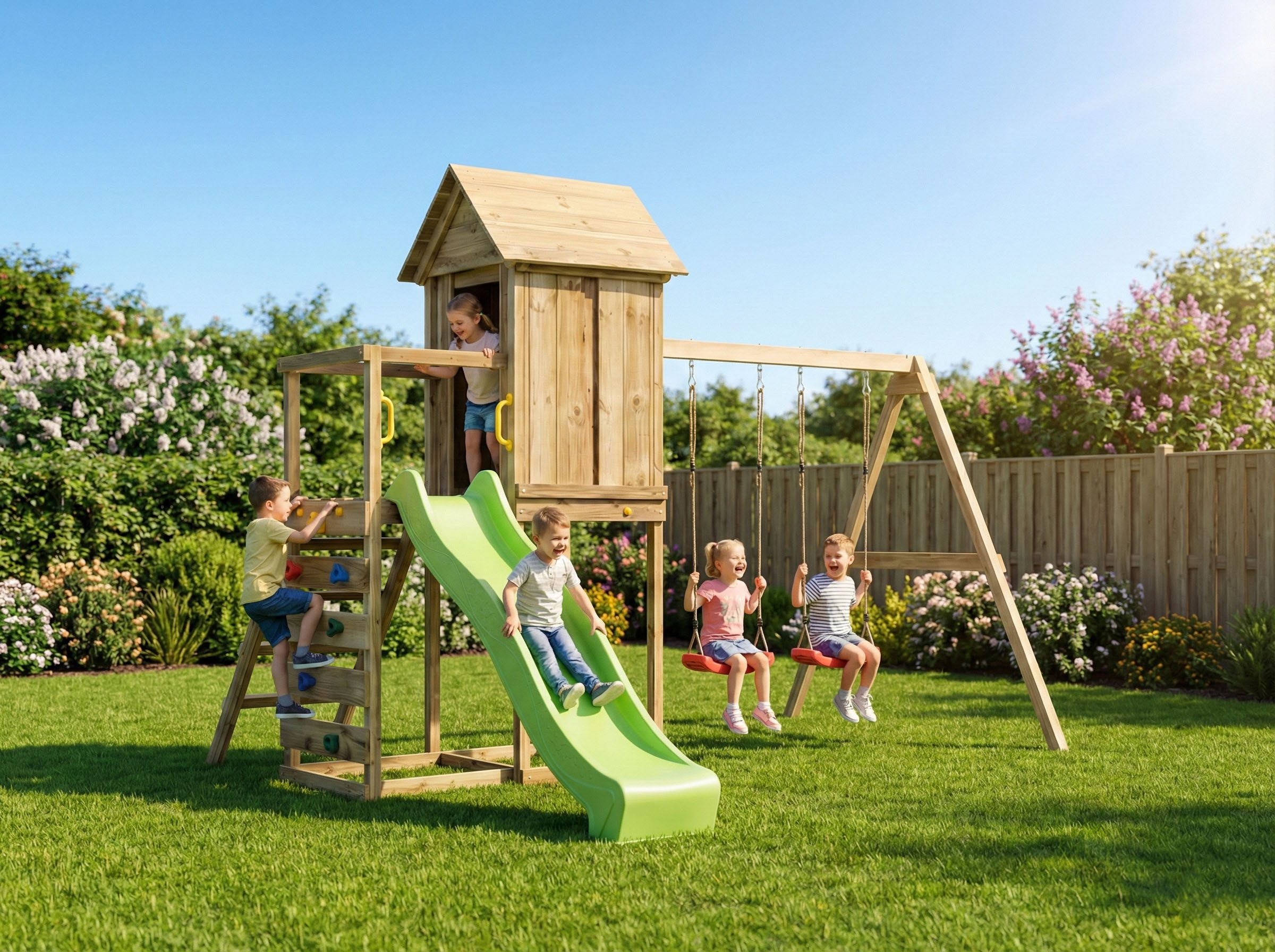 FUNGOO Spielturm MaxPlay 5, mit Spielhaus, Rutsche, Doppelschaukel, Kletterwand