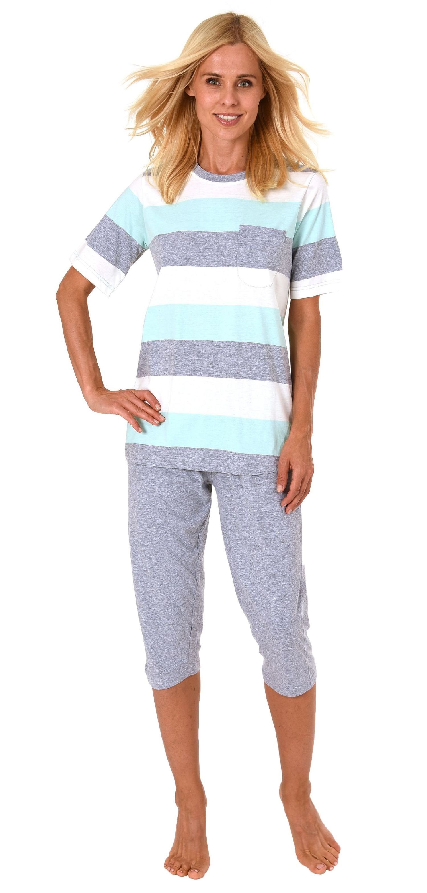 Normann Pyjama Damen Pyjama kurzarm mit Capri Hose in Blockstreifen Optik hellblau
