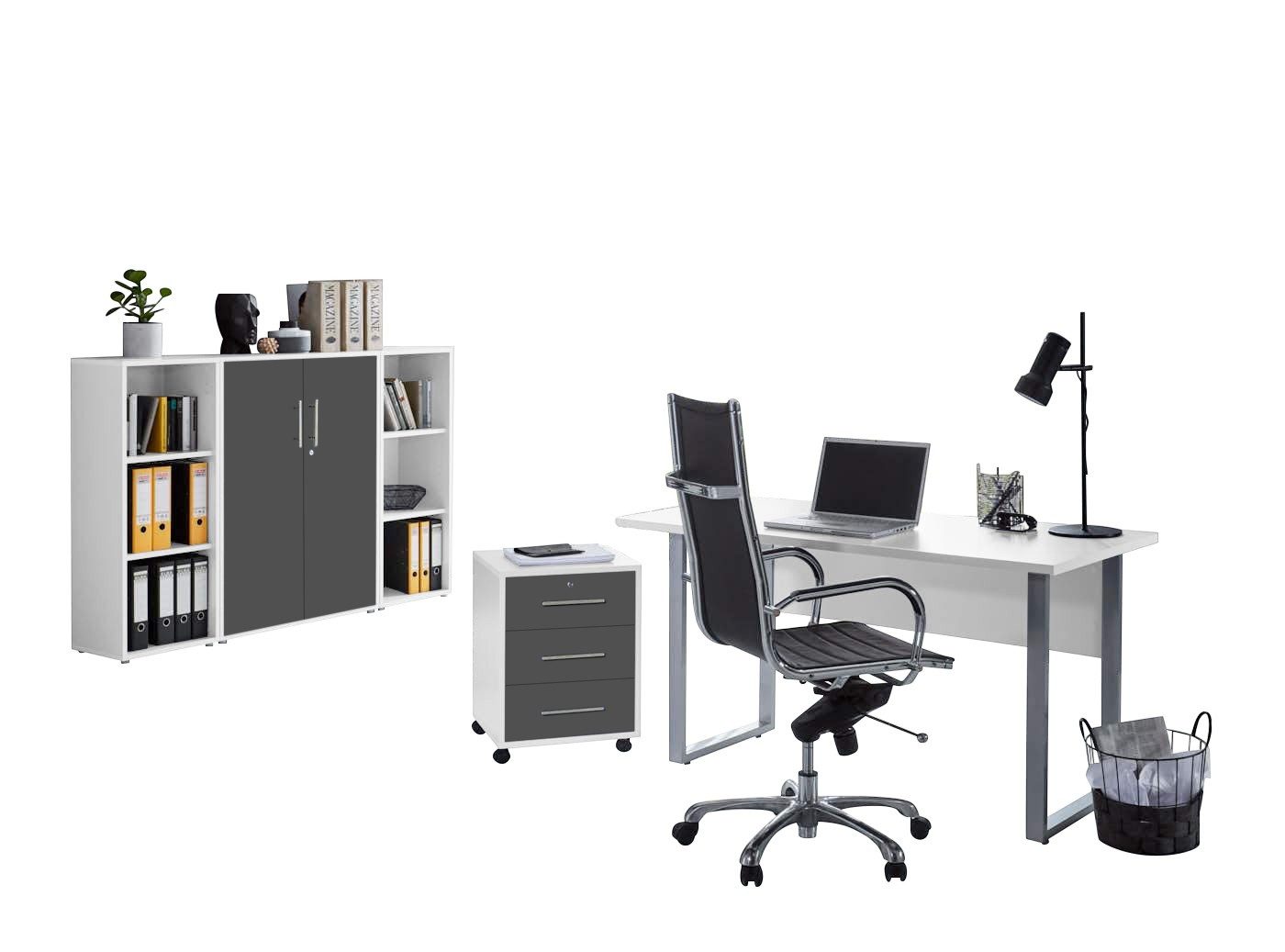 moebel-dich-auf Büromöbel-Set TABOR Set 2, (abschließbar, 5-tlg., Schreibtisch mit Rollcontainer + Aktenschrank + 2 Aktenregale), mit Edelstahlgriffen & lackierten Fronten, MADE IN GERMANY