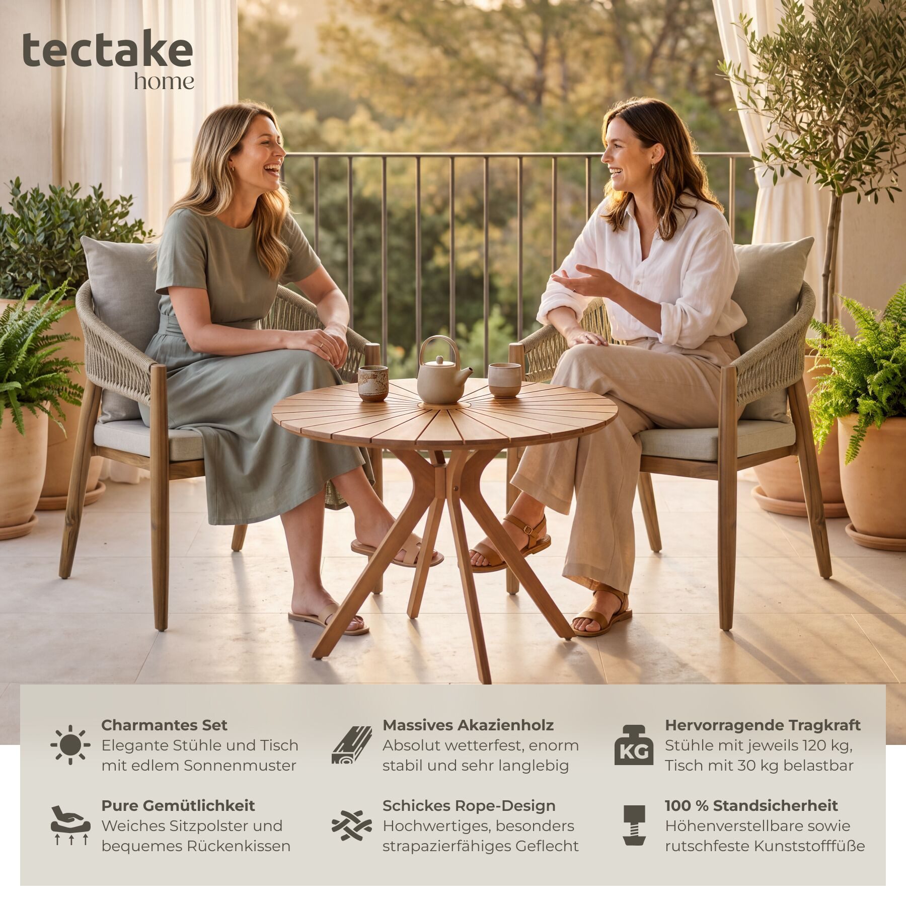 tectake Gartenlounge-Set Runder Tisch aus Akazienholz mit Sonnenmuster, wetterfest, (Set., 3-tlg., in Sand), wasserabweisende Polyesterbezüge, Inkl. Polster und Kissen